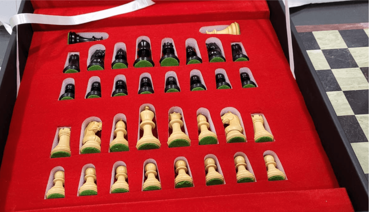 Anjan and Ebony Royal Chessmen Set With Marble Chess Board - My Chess Sets