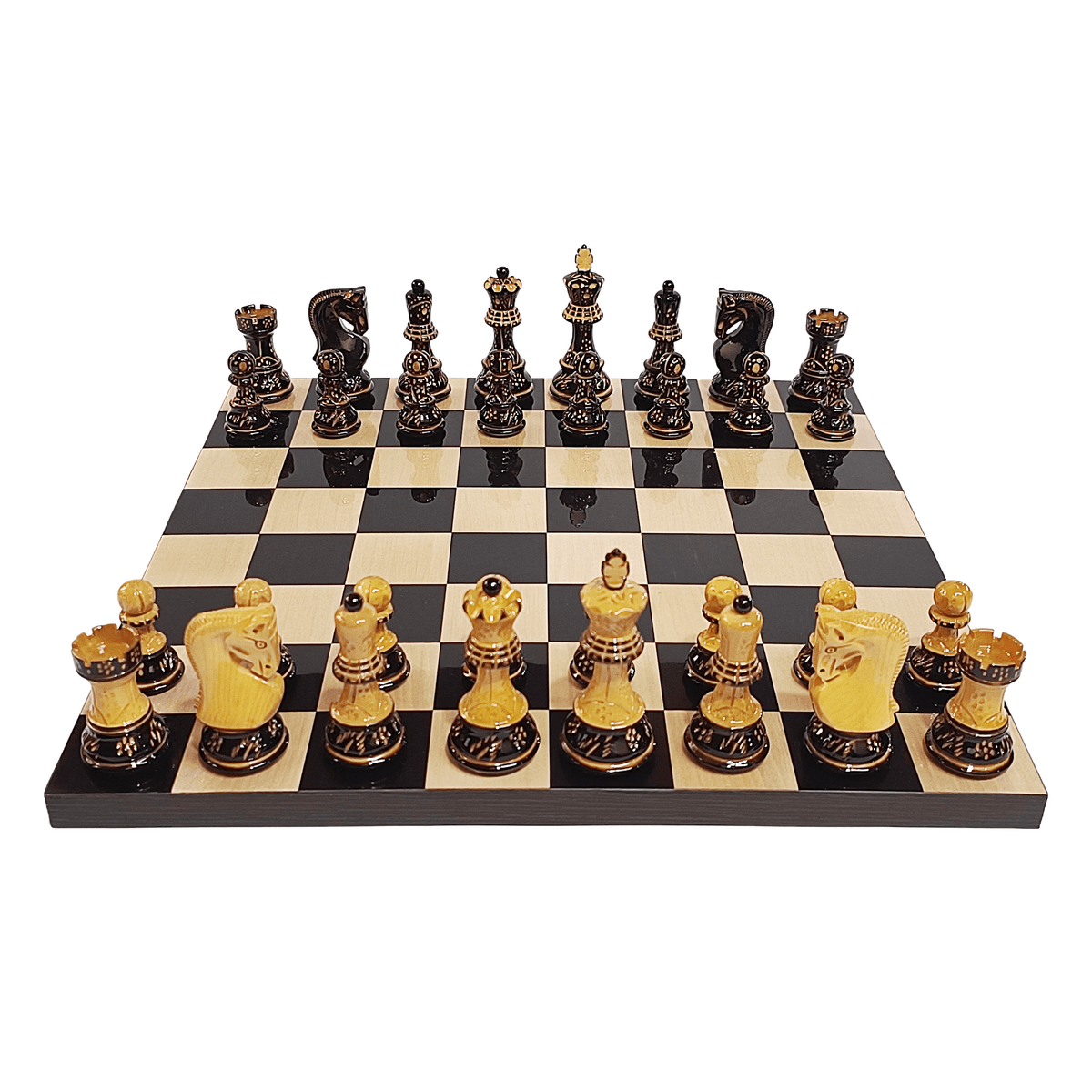 Russian Zagreb Burnt Hand-Carved Chess Set (3.9″ King) with 16″ Ebony & Maple Luxury Board – 50mm Squares My Chess Sets