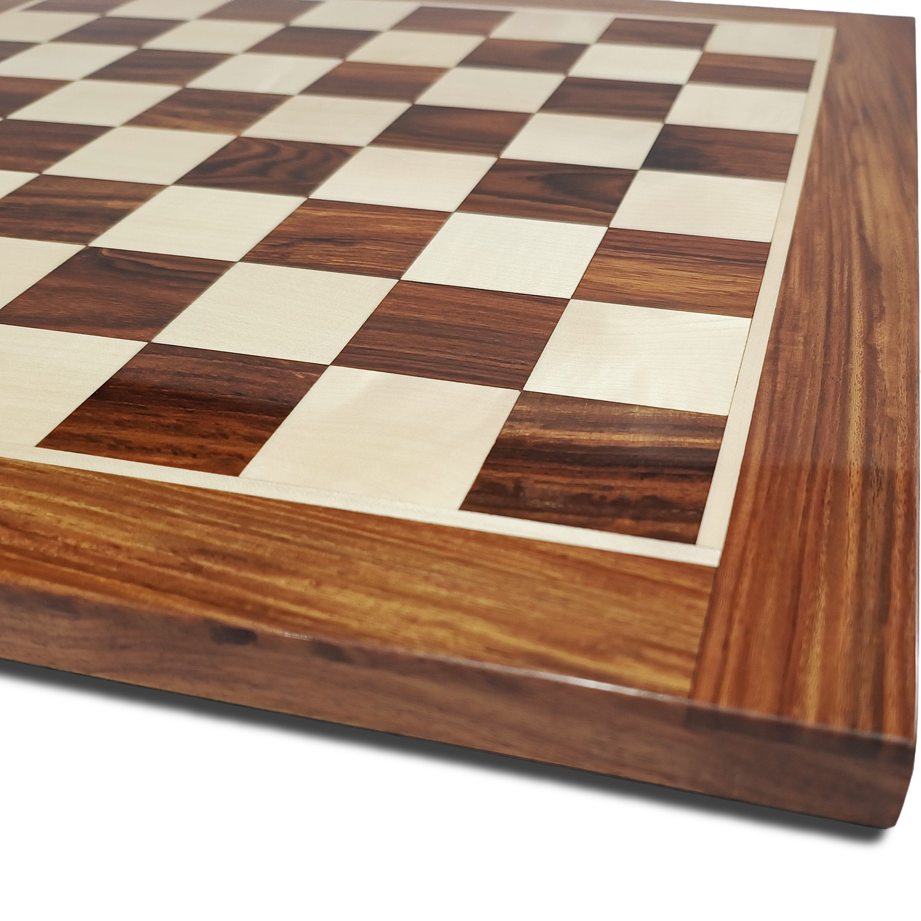 Luxurious handcrafted wooden chess board with a classic checkered design in golden rosewood and maplewood.