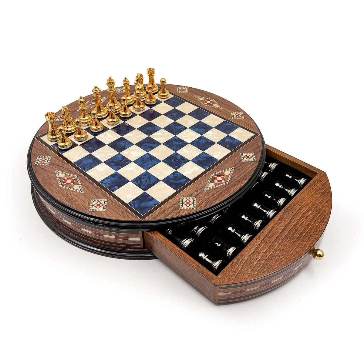 Luxury Round Rosewood & Walnut Chess Set With Metal Pieces My Chess Sets