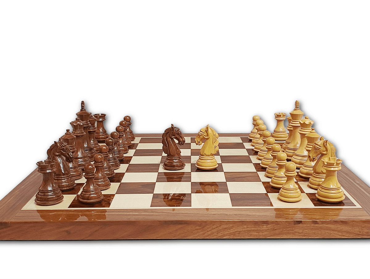 Colombian Staunton professional chess set with boxwood and golden rosewood pieces on a golden rosewood and maple board.