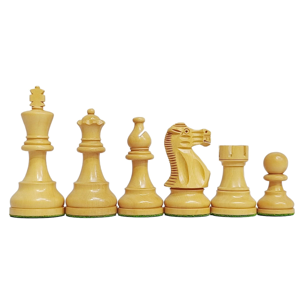 Professional weighted Staunton chess pieces in golden wood finish, ideal for luxurious chess gameplay.