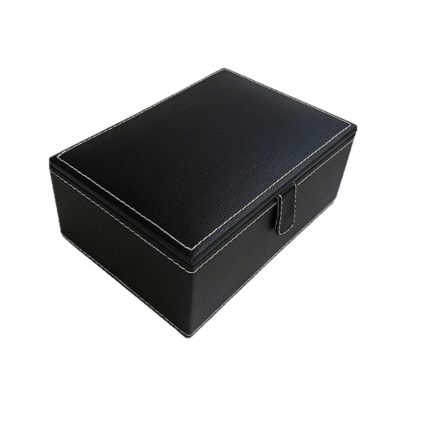 Black leatherette luxurious chess storage box with a sleek design and white stitching, angled view.