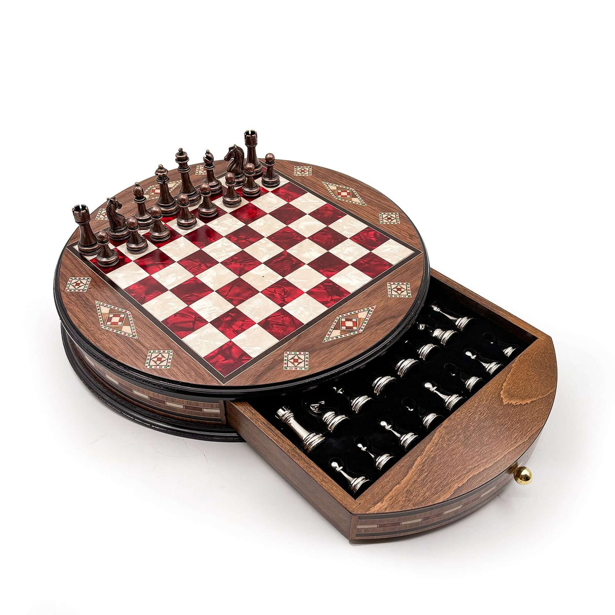 Luxury Round Rosewood & Walnut Chess Set With Metal Pieces My Chess Sets