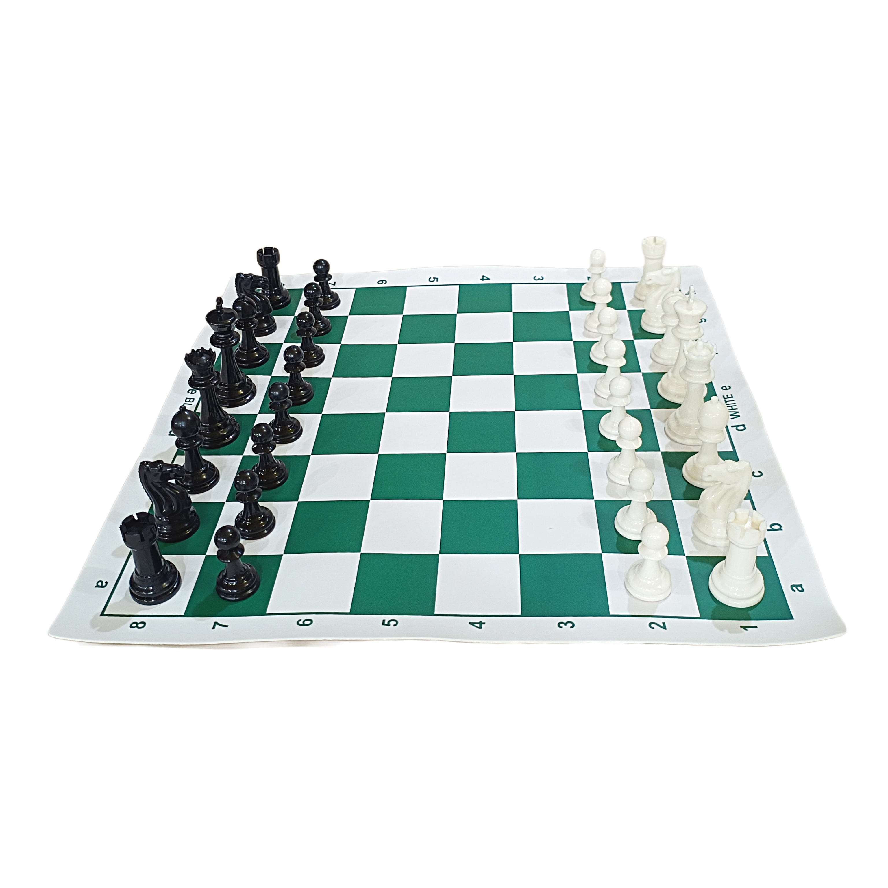 Tournament plastic chess set on a green vinyl roll-up board featuring black and white pieces.