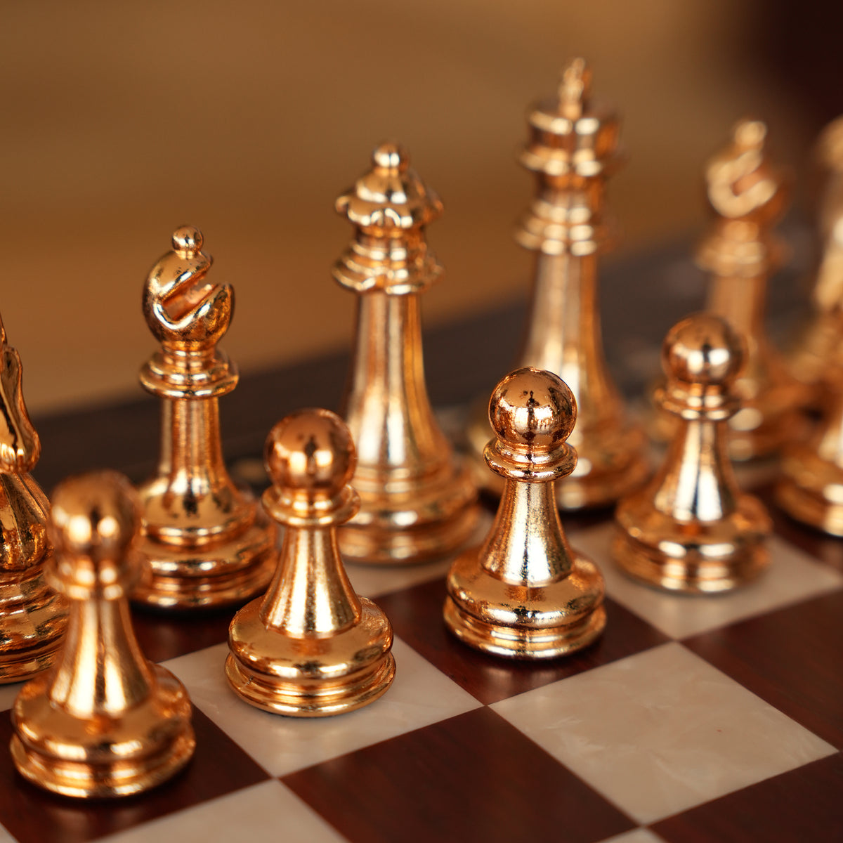 Walnut & Rosewood Inlaid Chess Set with Metal Pieces