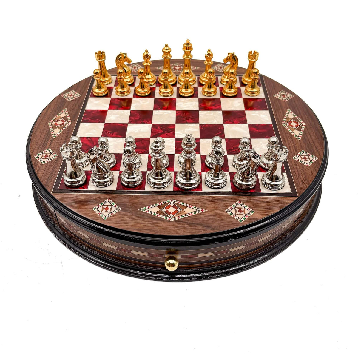 Luxury Round Rosewood & Walnut Chess Set With Metal Pieces My Chess Sets