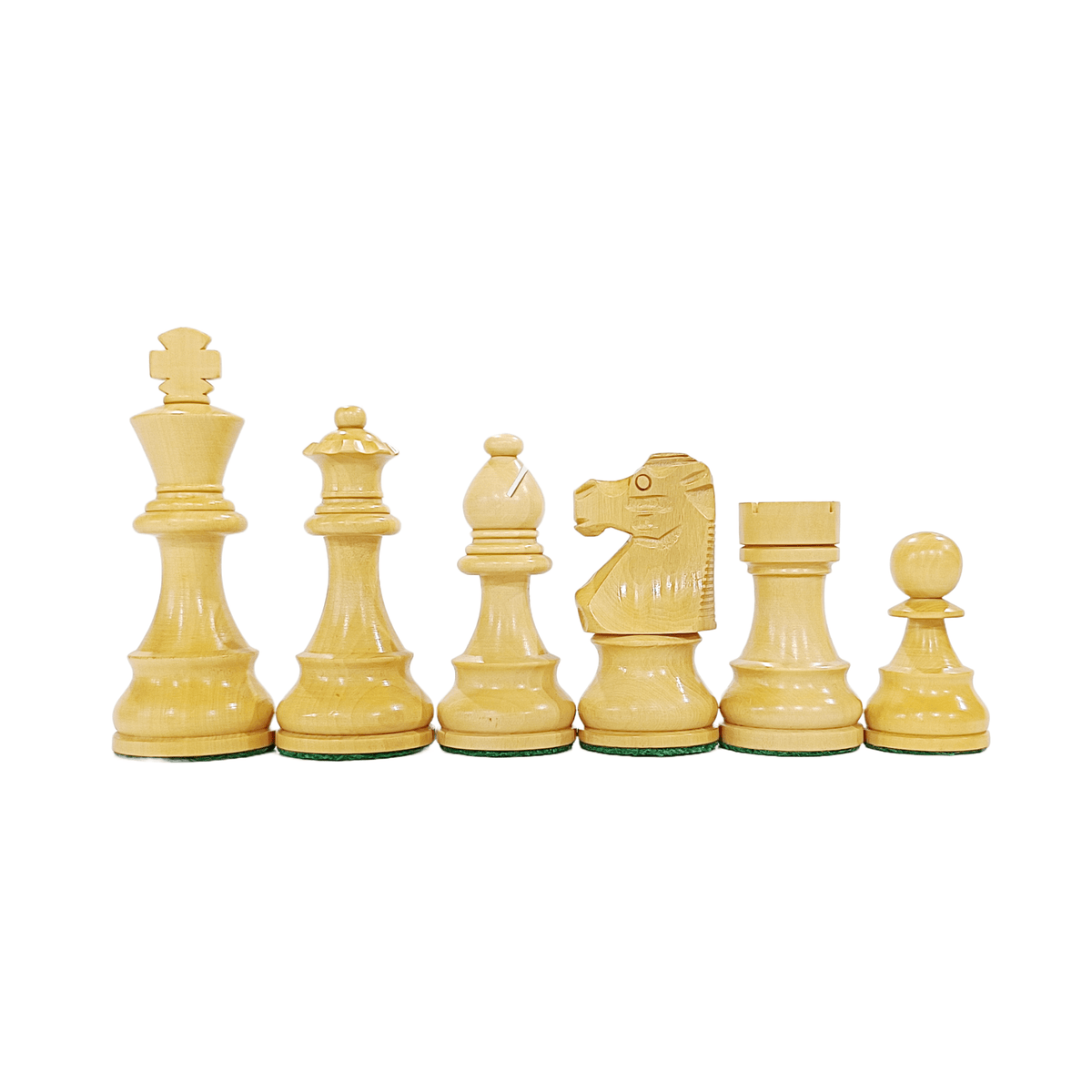French Lardy wooden Staunton chess pieces in boxwood, showcasing king, queen, bishop, knight, rook, and pawn.