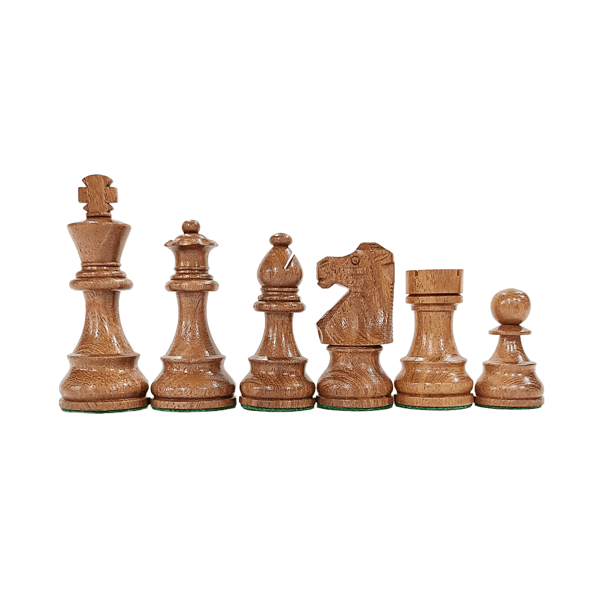 French Lardy wooden Staunton chess pieces in acacia wood, featuring king, queen, knight, and pawn.