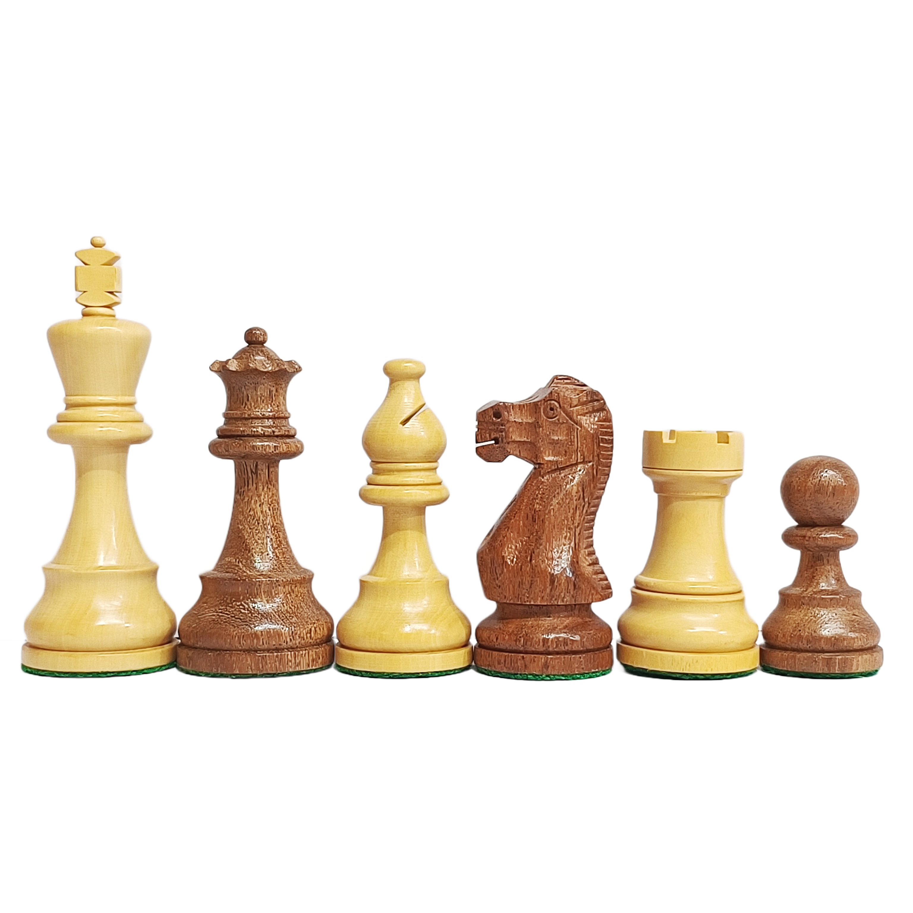 American Staunton tournament chess pieces in acacia and boxwood, featuring king, queen, bishop, knight, rook, and pawn.