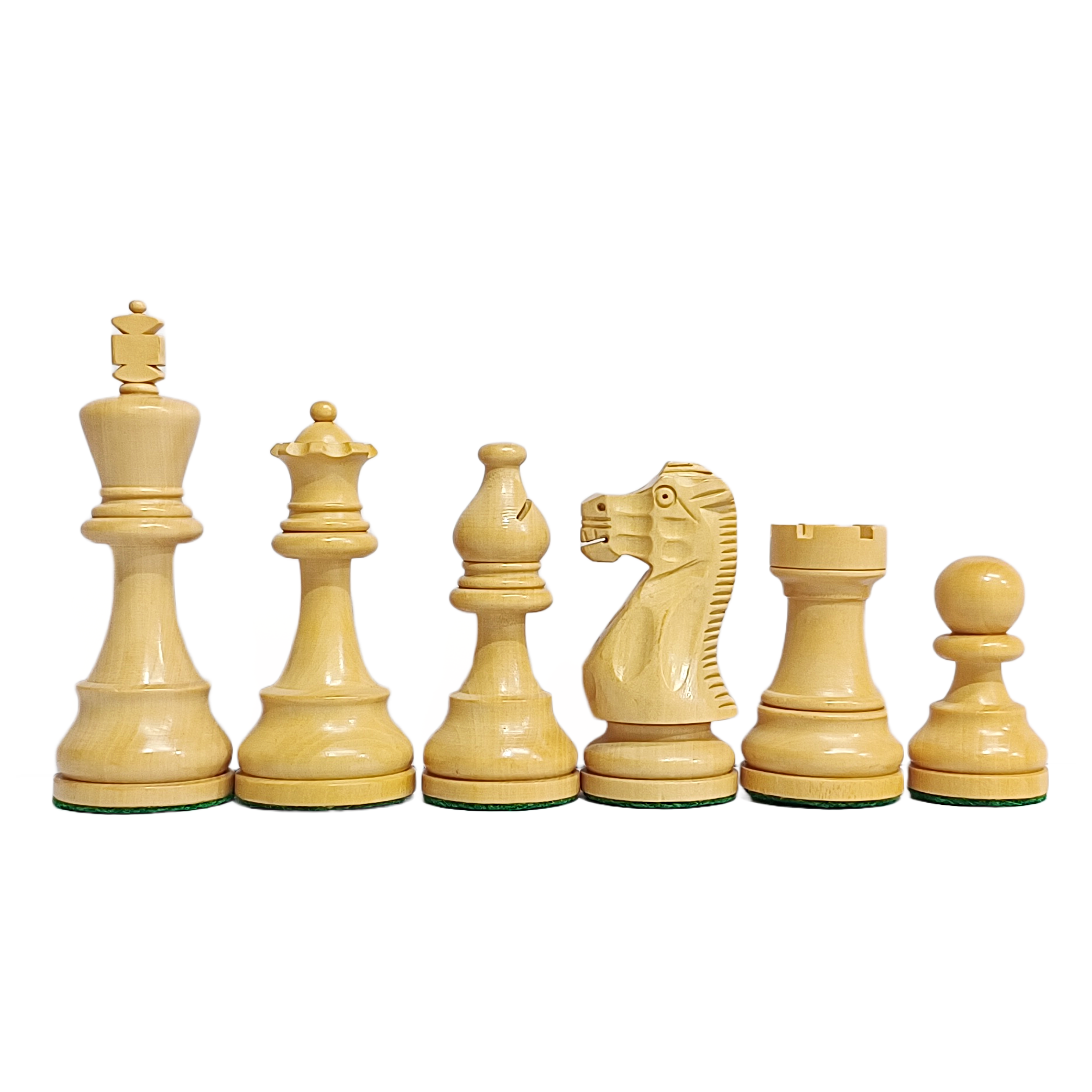 Set of American Staunton tournament chess pieces in acacia and boxwood, featuring king, queen, bishop, knight, rook, and pawn.