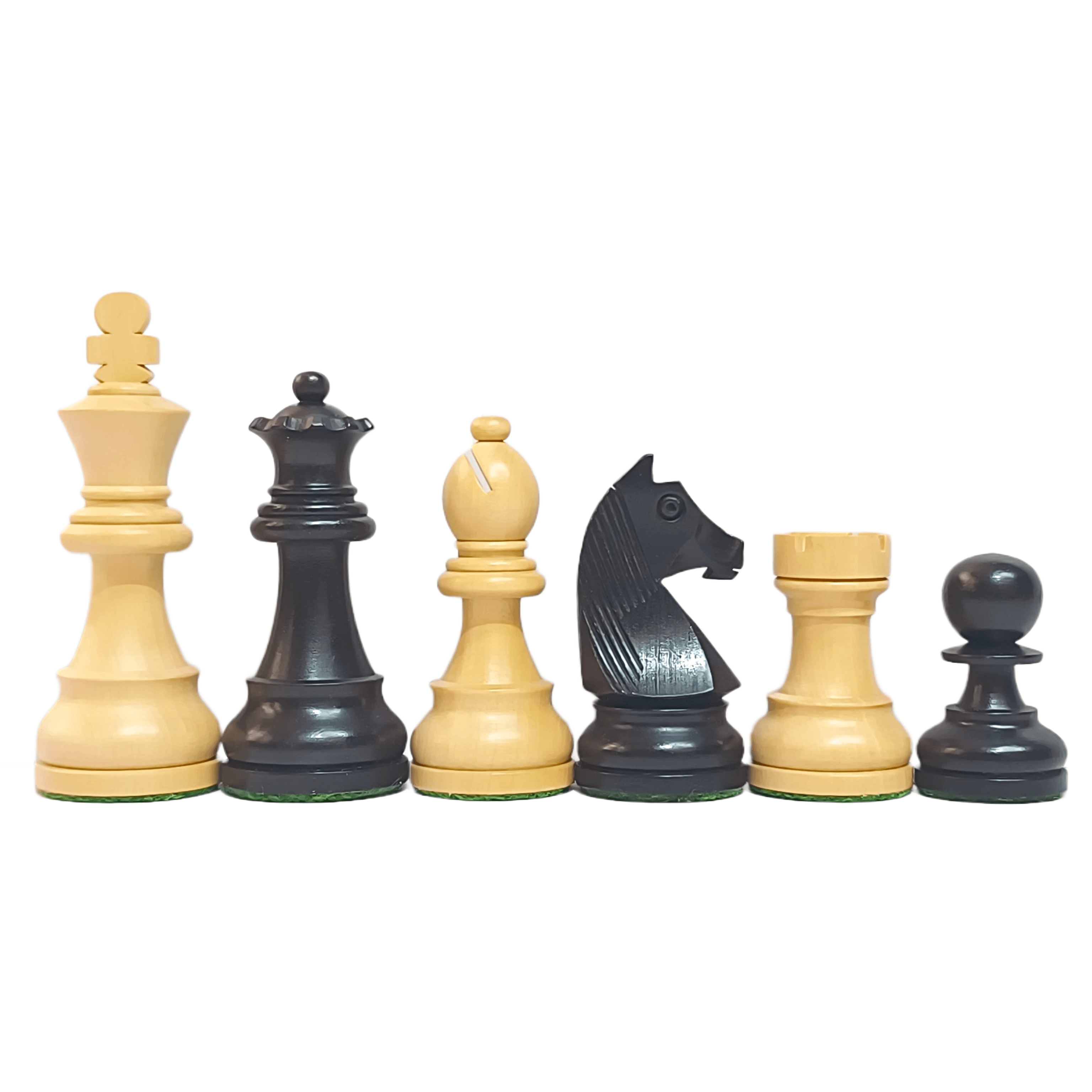 Classic Staunton chess pieces in ebonized and natural boxwood showcasing king, queen, bishop, knight, rook, and pawn.