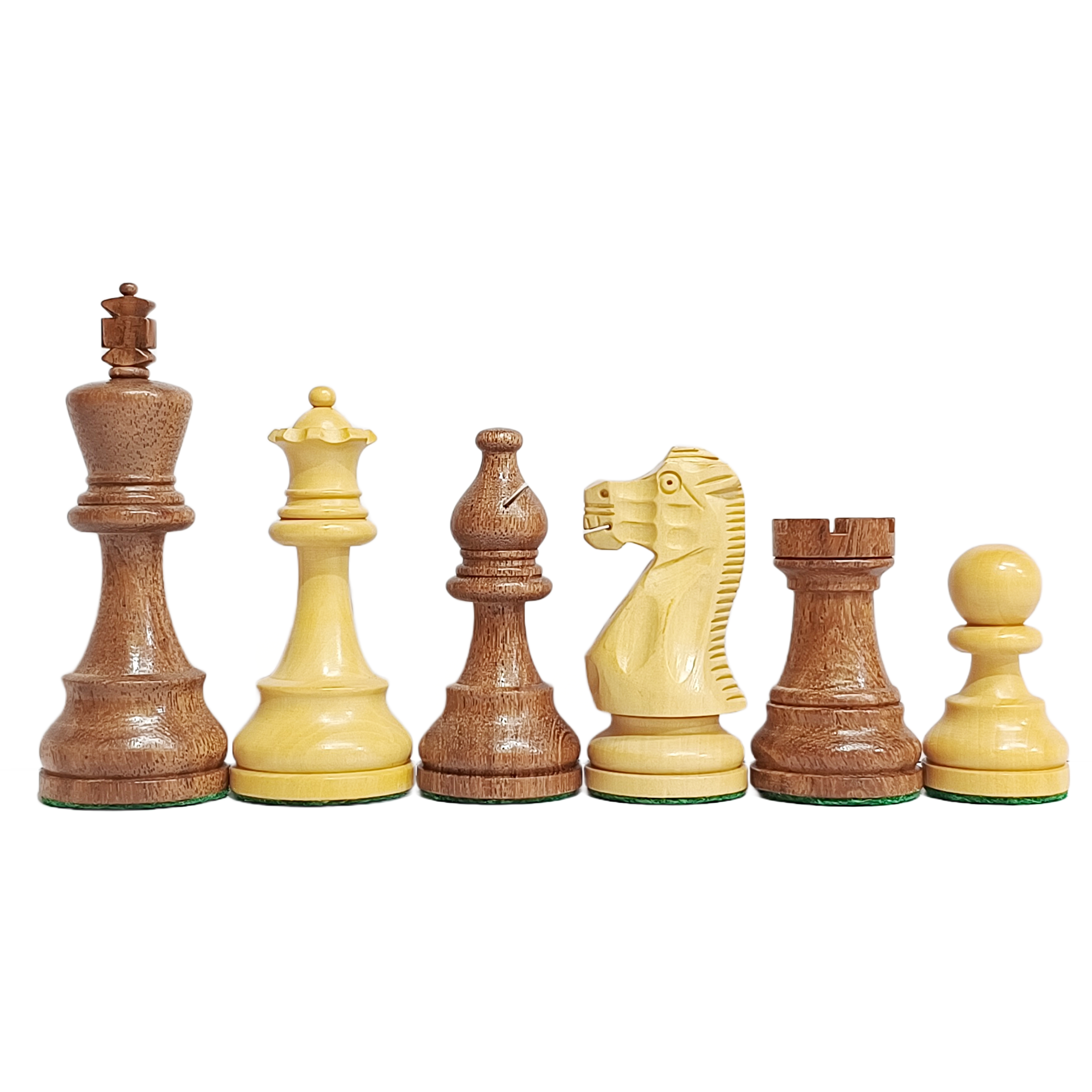 Set of Staunton chess pieces made from acacia and boxwood, featuring King, Queen, Bishop, Knight, Rook, and Pawn.