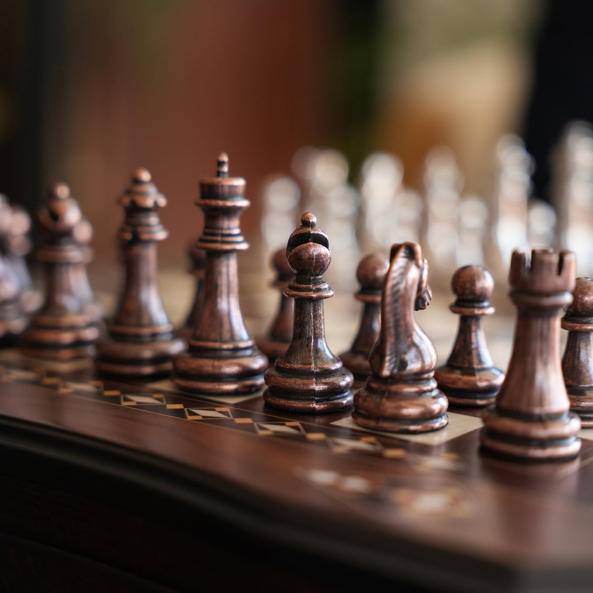 Walnut & Rosewood Inlaid Chess Set with Metal Pieces