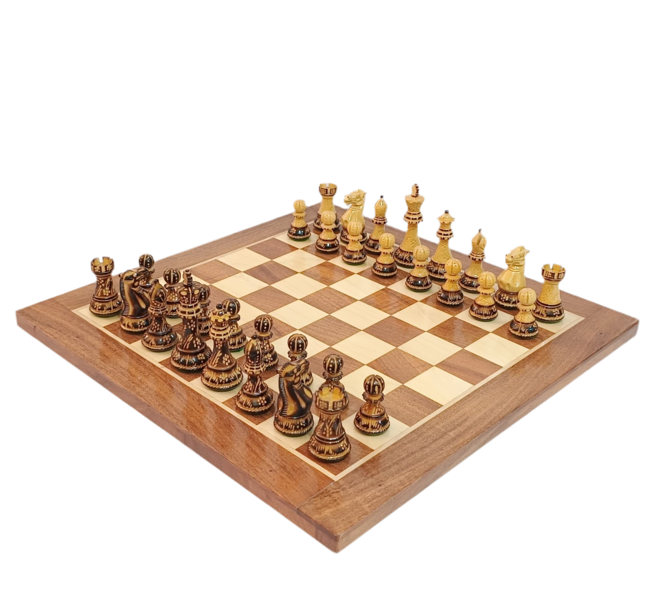 Hand carved burnt Staunton luxury chess set displayed on a professional acacia and boxwood chess board.