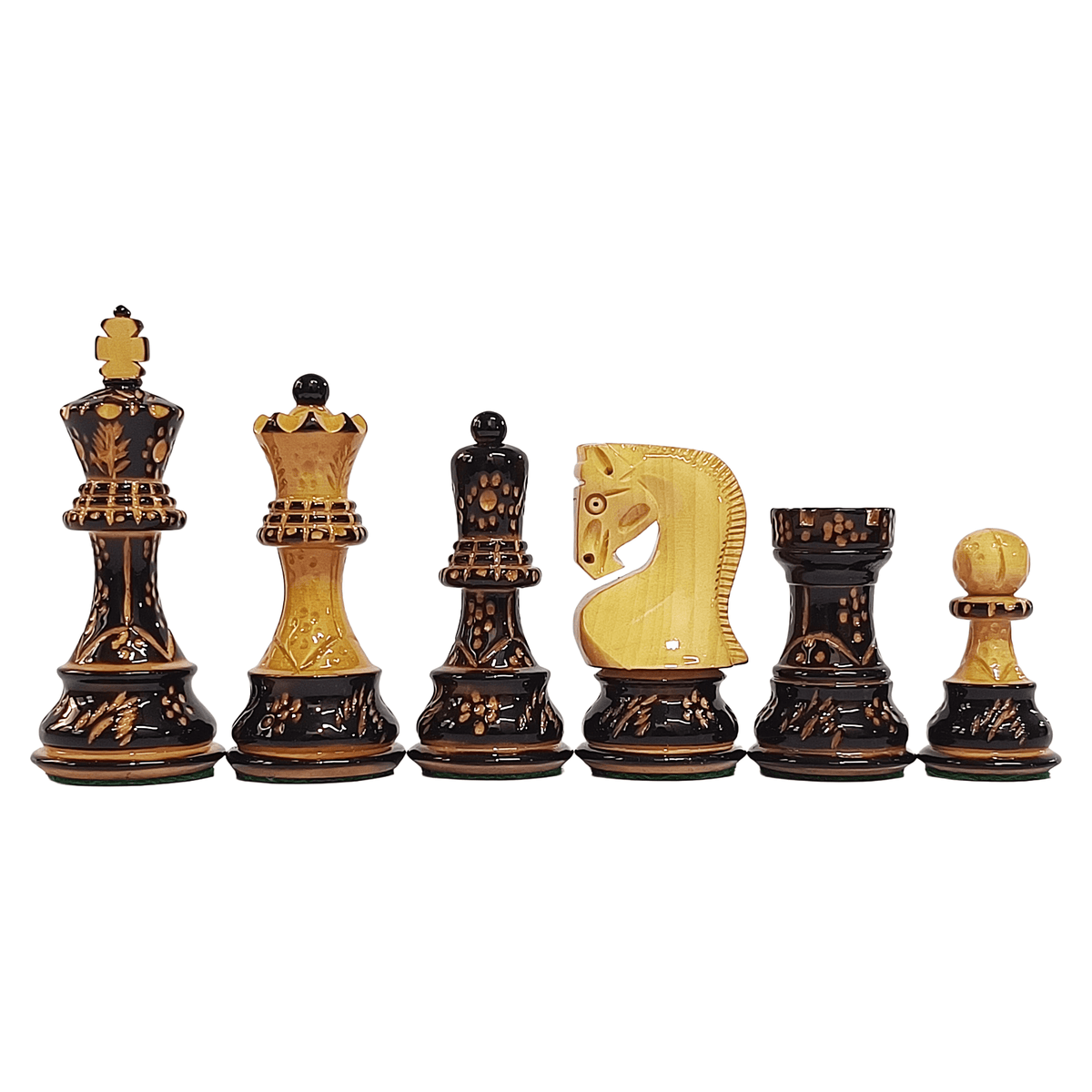 Russian Zagreb Burnt Hand-Carved Chess Set (3.9″ King) with 16″ Ebony & Maple Luxury Board – 50mm Squares My Chess Sets