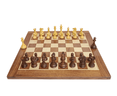 Supreme Fierce Knight Staunton Luxury Chess Set on Acacia Wood Board with intricately designed pieces.