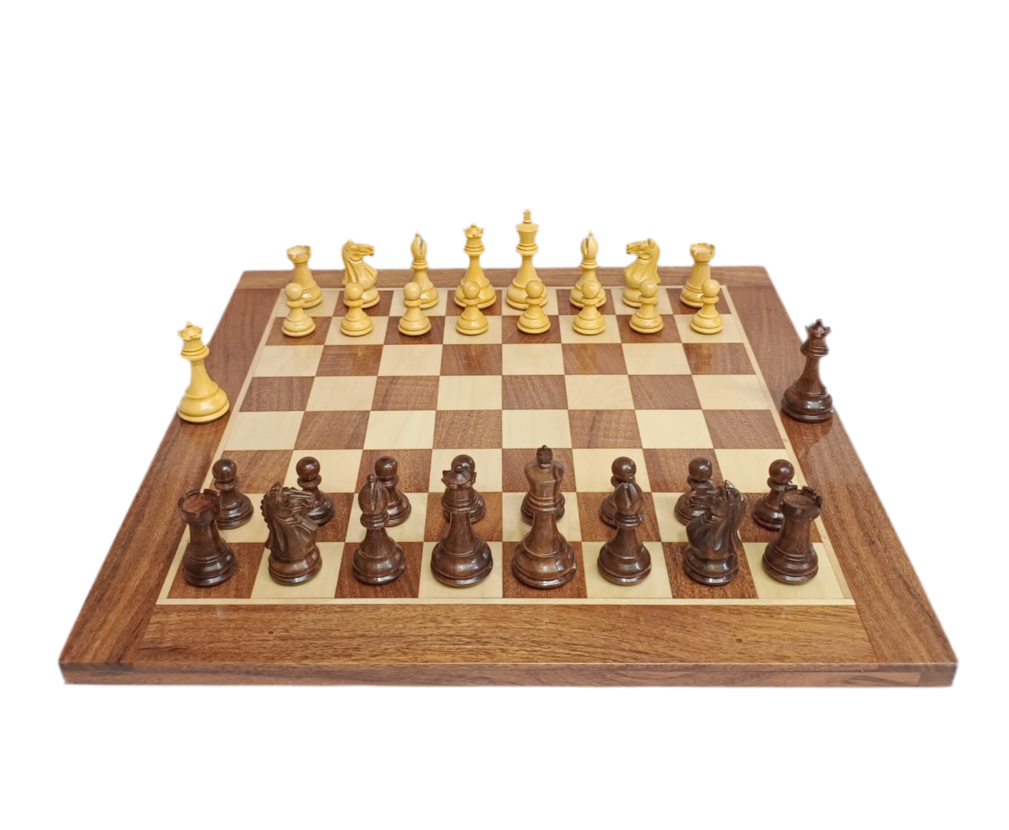 Supreme Fierce Knight Staunton Luxury Chess Set on Acacia Wood Board with intricately designed pieces.