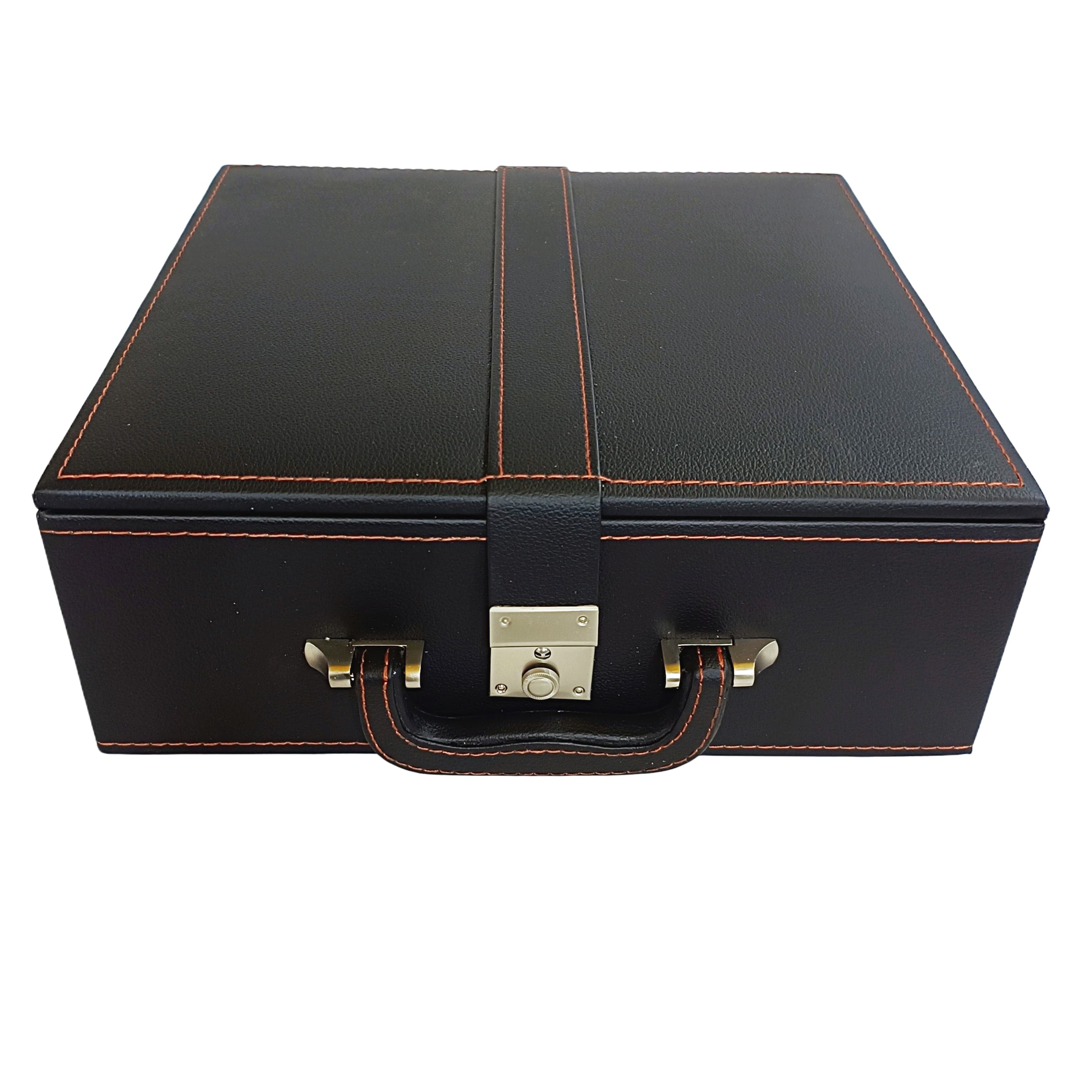 Leatherette chess storage box with dual tray design, black exterior, contrasting orange stitching, and handle.