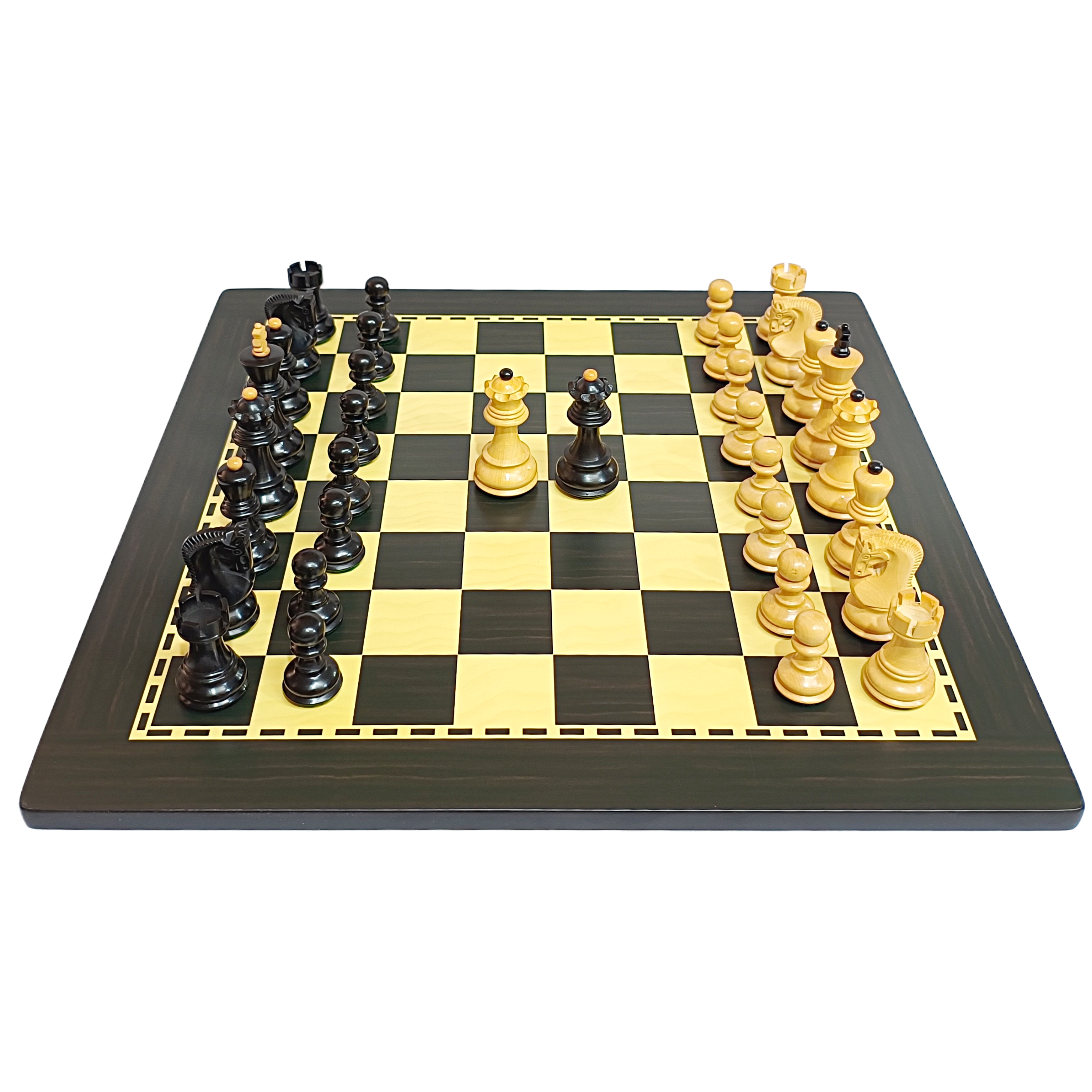 Handcrafted Russian Zagreb chess set on MDF board with black and cream pieces arranged for play.