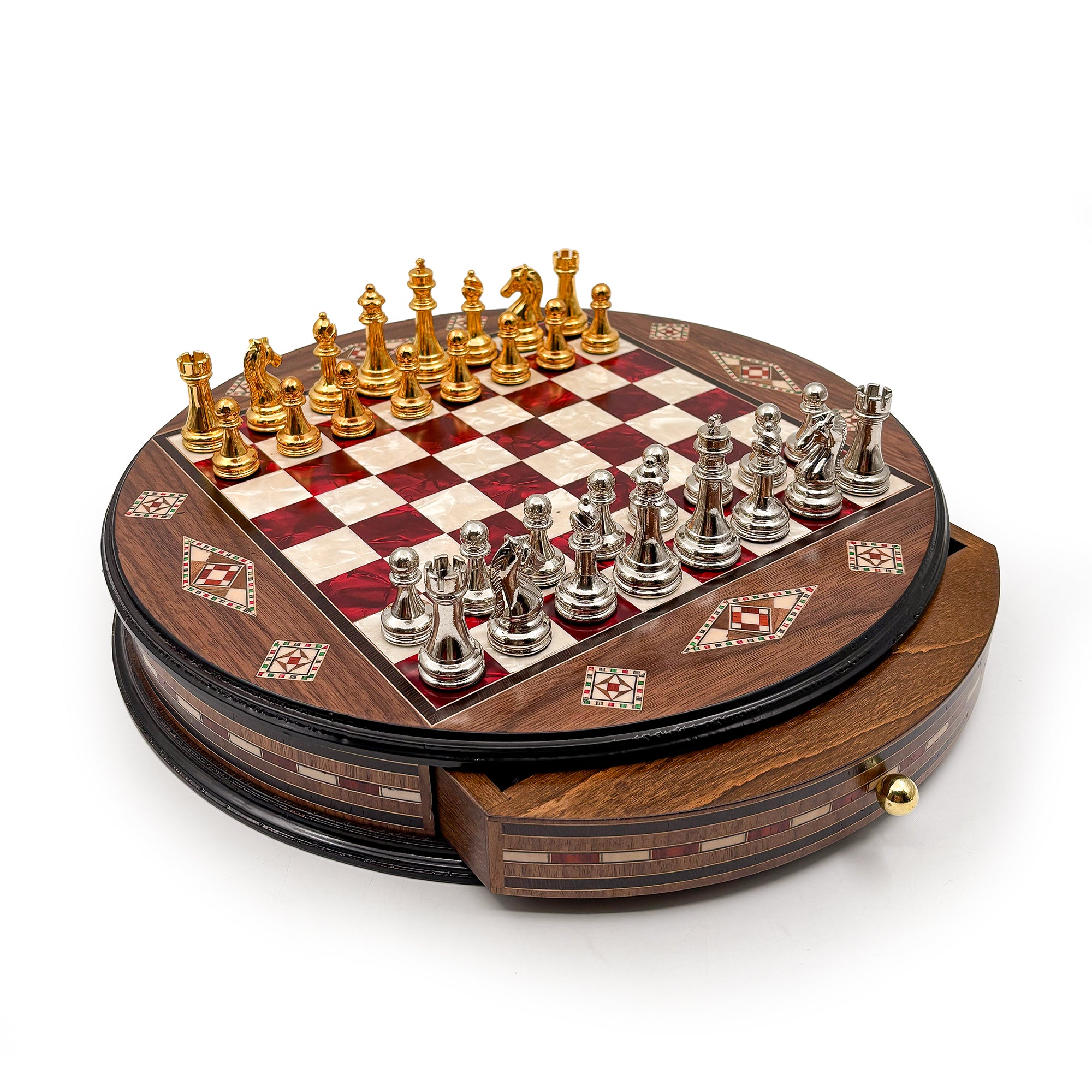 Luxury Round Rosewood & Walnut Chess Set With Metal Pieces My Chess Sets