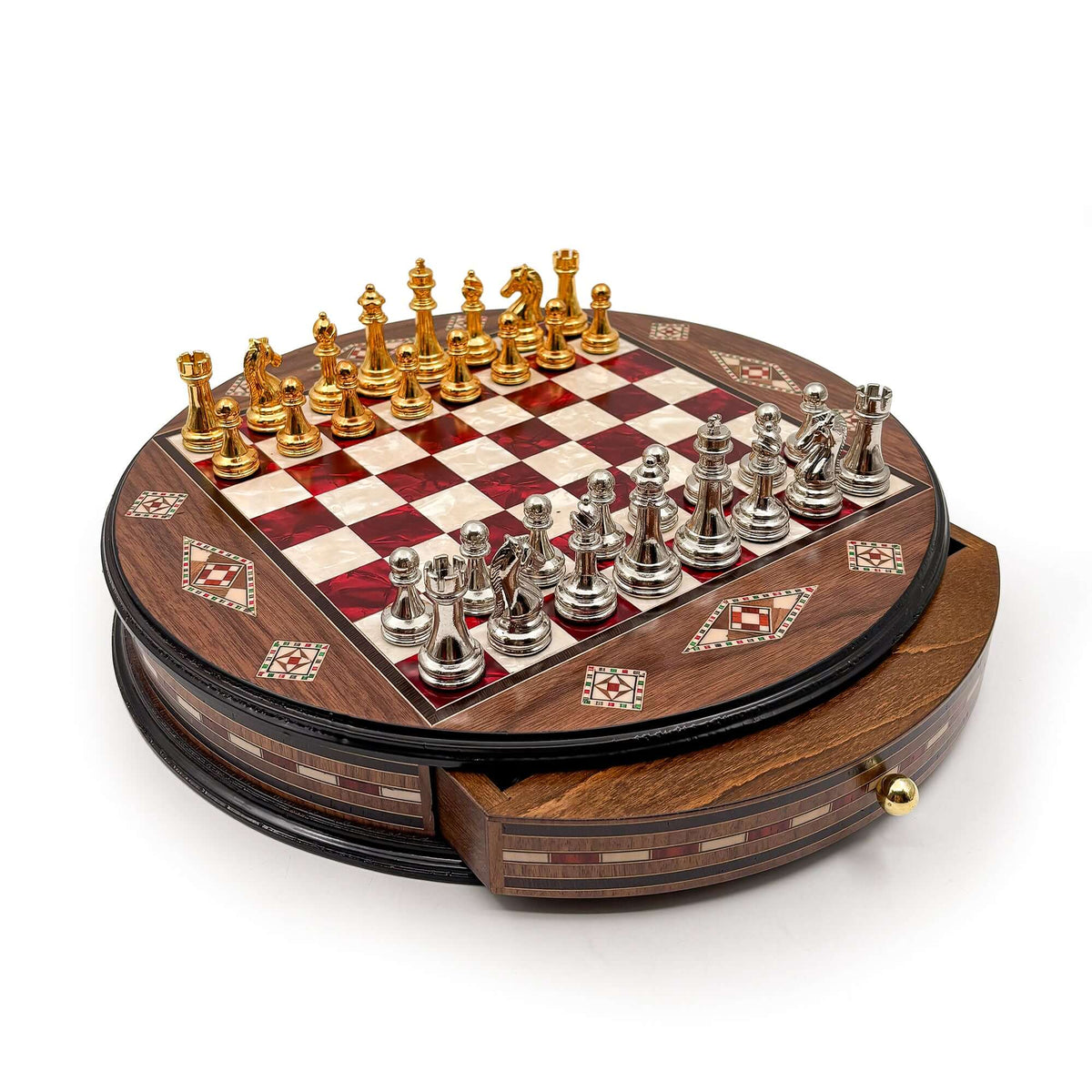 Luxury Round Rosewood & Walnut Chess Set With Metal Pieces My Chess Sets