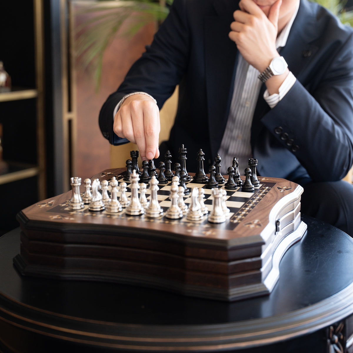 Walnut & Rosewood Inlaid Chess Set with Metal Pieces