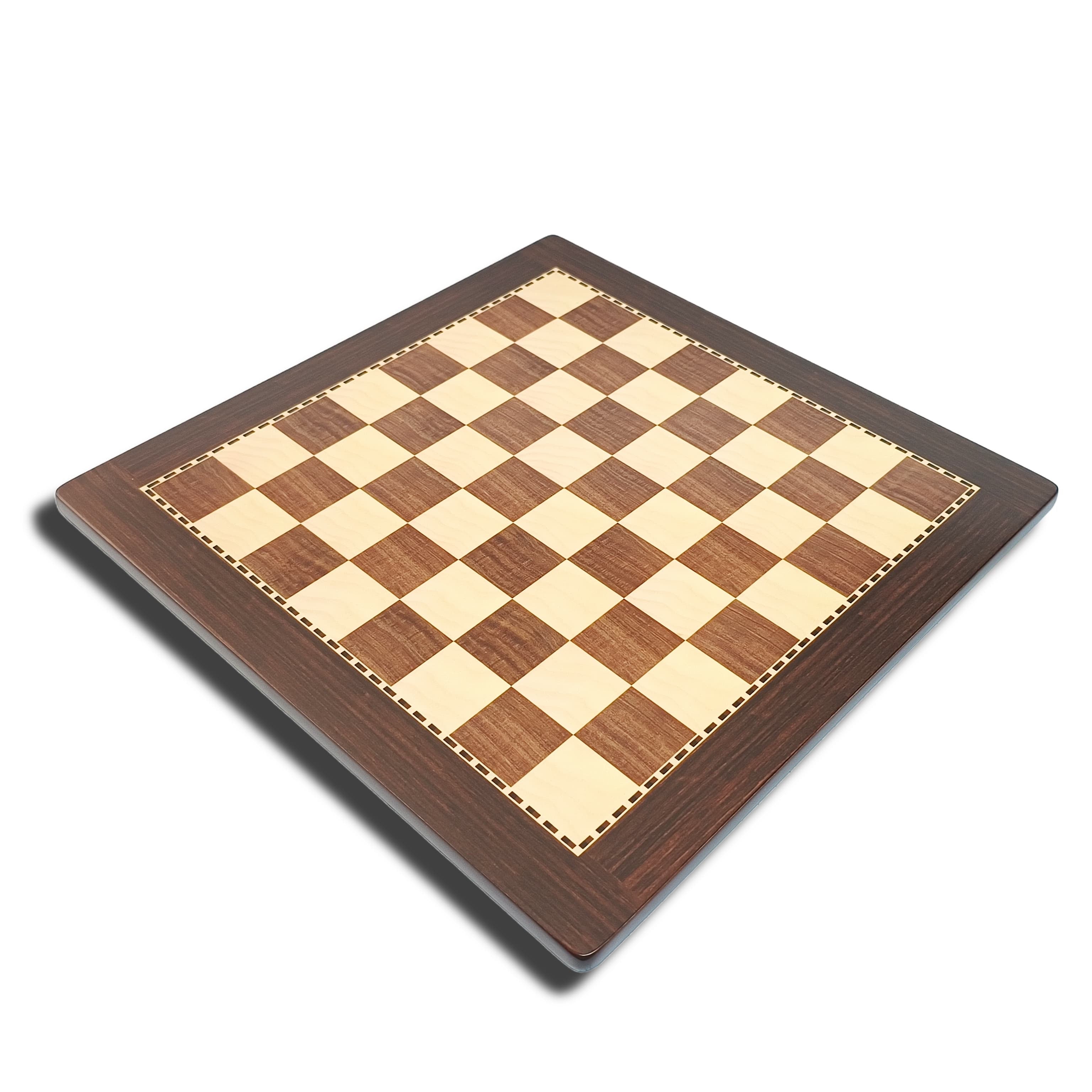 Handcrafted professional wooden chess board with brown and cream squares, featuring elegant wood-grain finish.