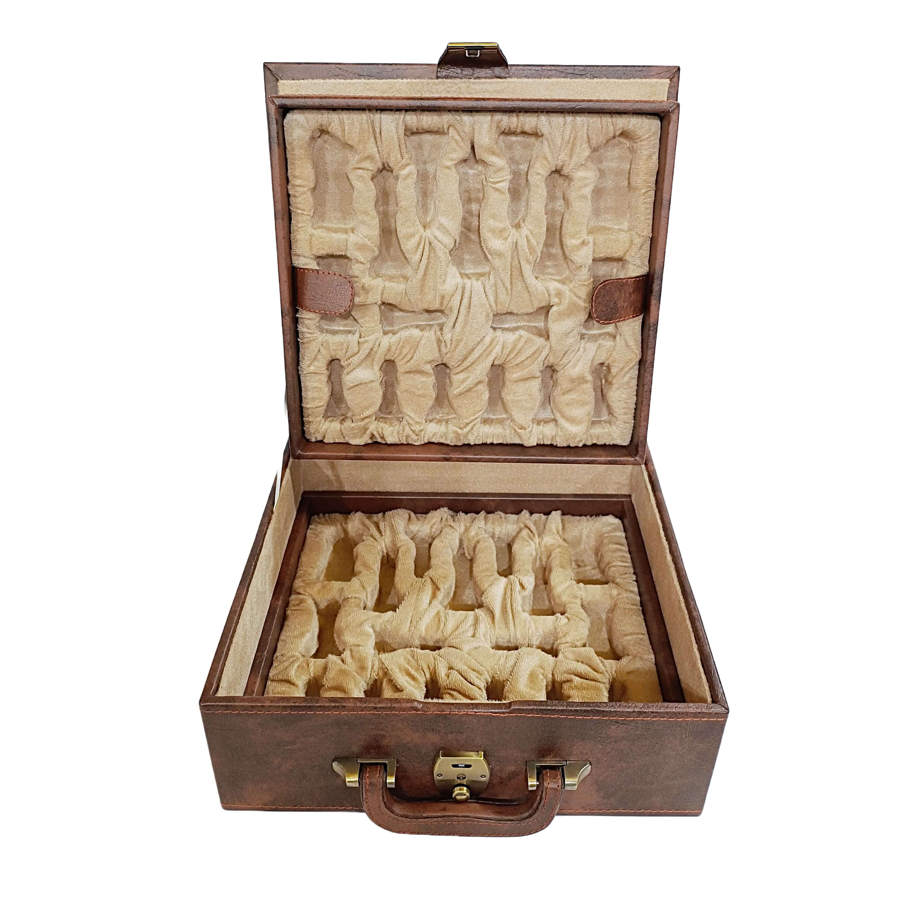 Open brown leatherette chess storage box with dual tray design, featuring plush beige compartments for chess pieces.