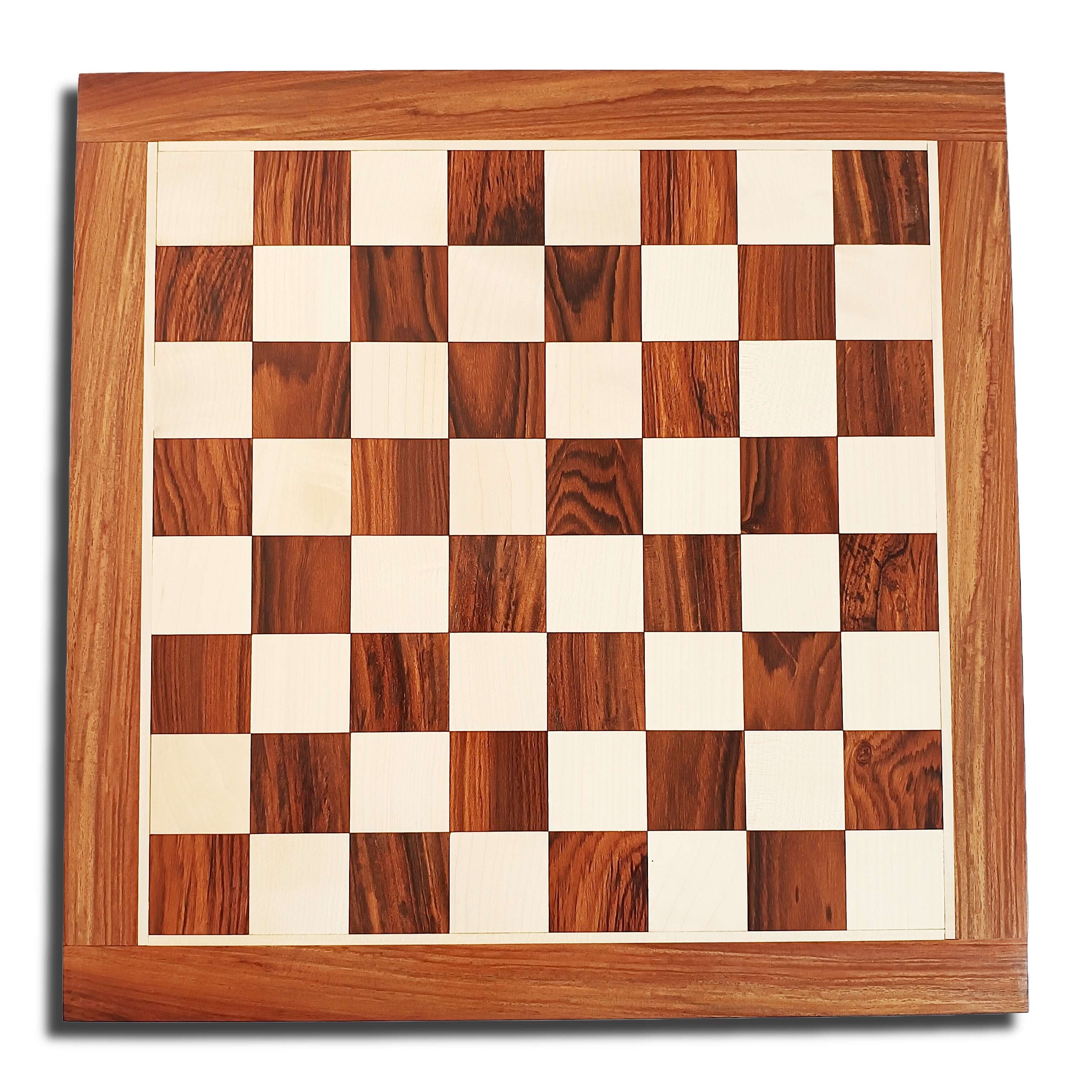 Handcrafted luxurious wooden chess board in golden rosewood and maplewood, perfect for classic Staunton chess pieces.