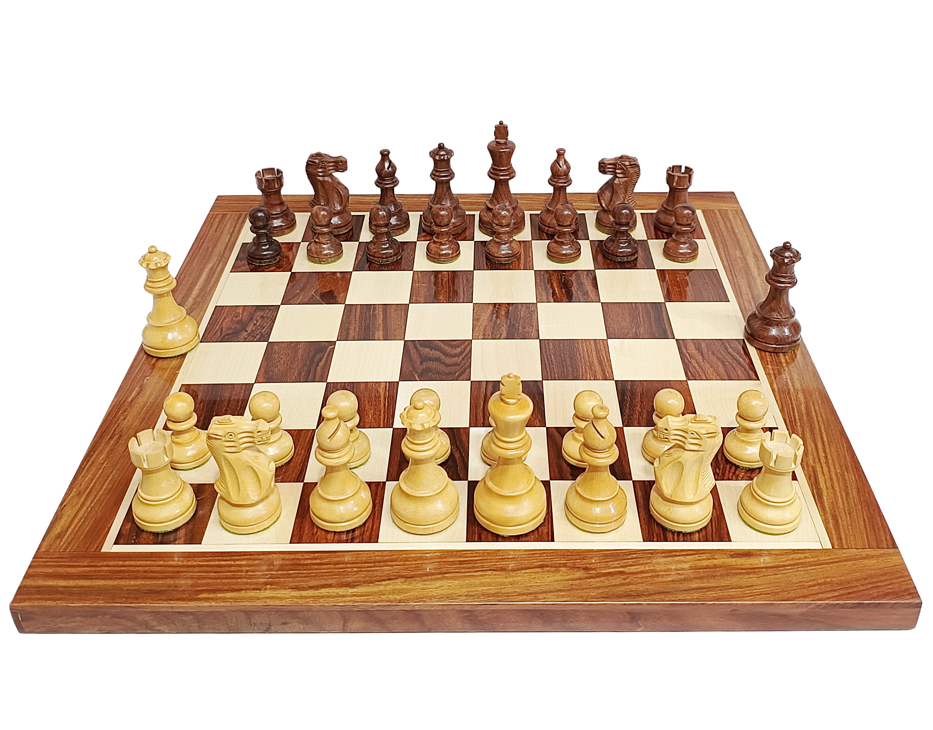 Classic Staunton chess pieces on a handcrafted wooden board, perfect for chess enthusiasts.