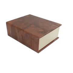 Leatherette storage chess box in book design, brown texture, measuring 10 x 8.5 x 3.75 inches.