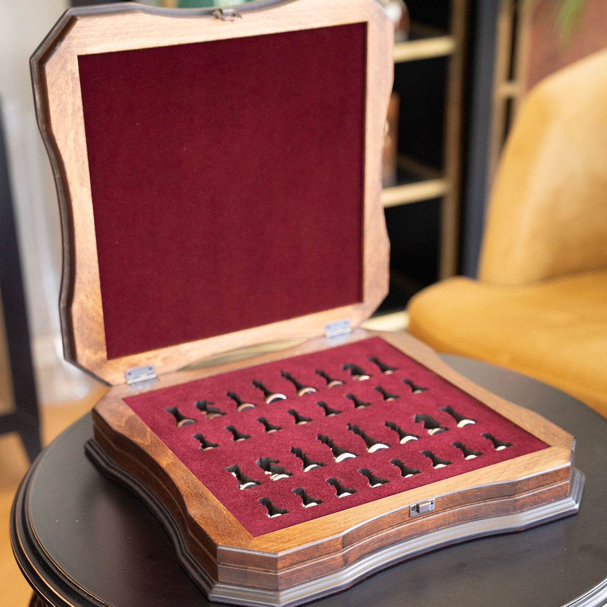 Walnut & Rosewood Inlaid Chess Set with Metal Pieces
