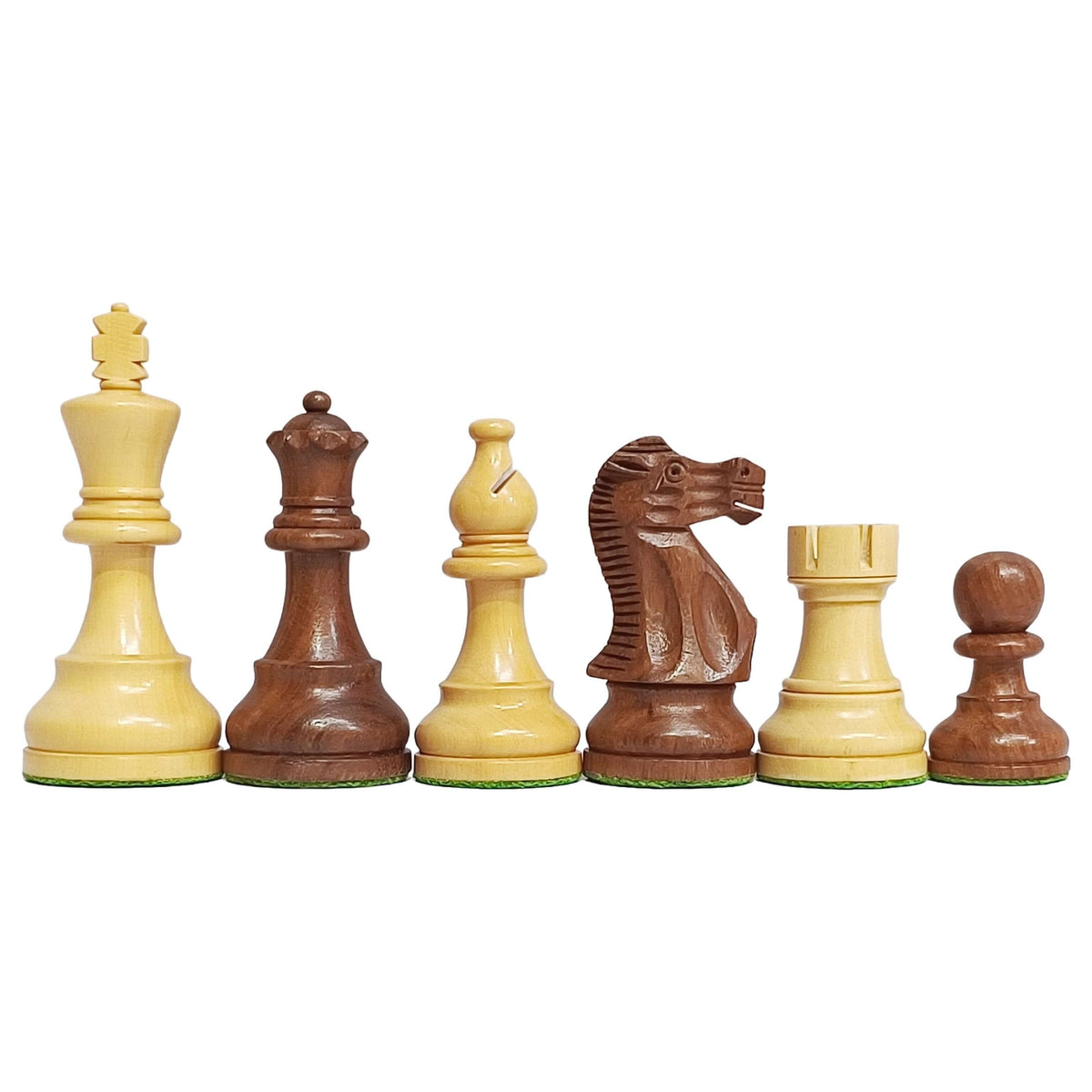 Close-up of luxury Staunton chess pieces including king, queen, rook, knight, bishop, and pawn in golden rosewood.