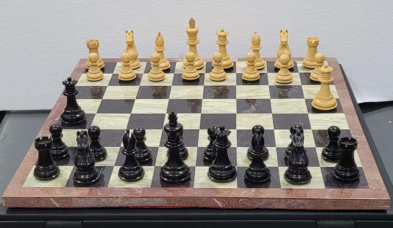 Anjan and Ebony Royal Chessmen Set With Marble Chess Board - My Chess Sets