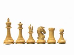 Ebonized and boxwood chess pieces from the Sinquefield Cup 2019, showcasing king, queen, bishop, knight, rook, and pawn.