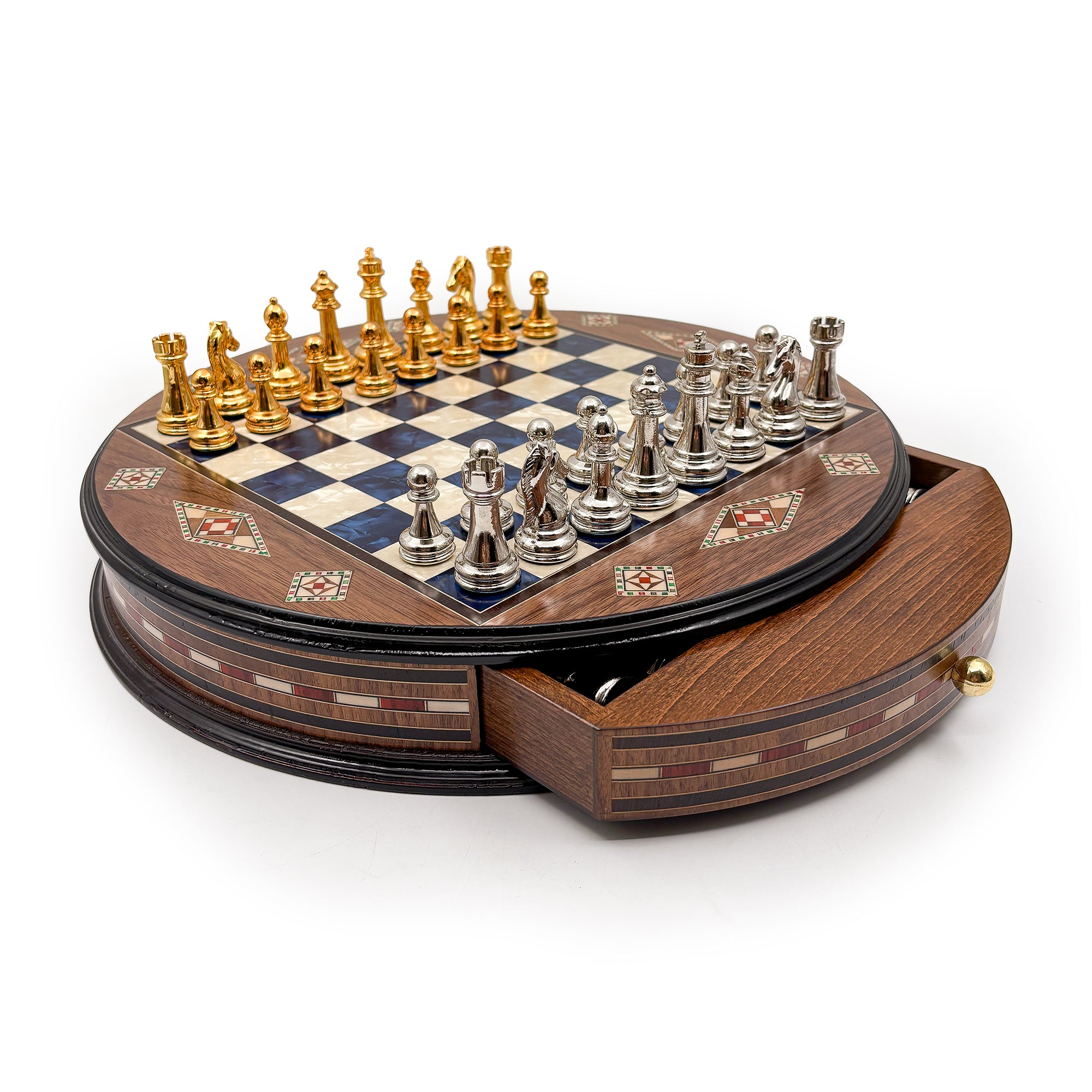 Luxury Round Rosewood & Walnut Chess Set With Metal Pieces My Chess Sets