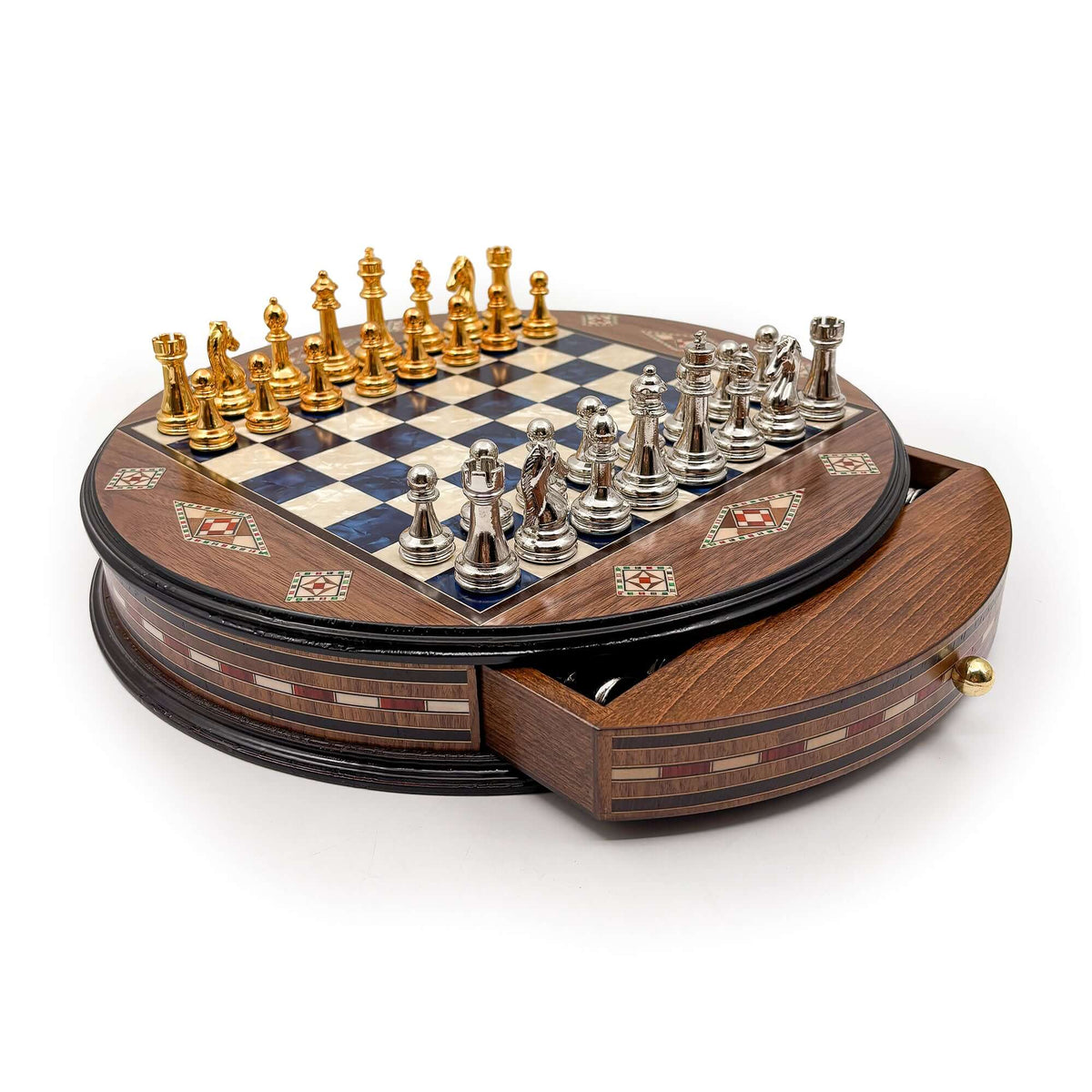 Luxury Round Rosewood & Walnut Chess Set With Metal Pieces My Chess Sets