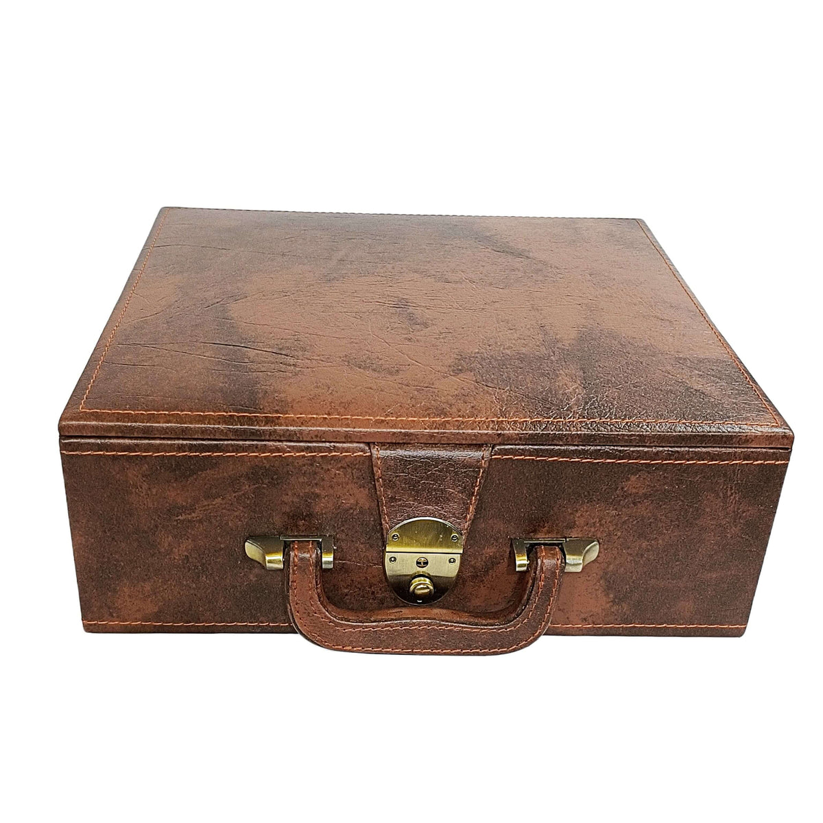 Brown leatherette chess storage box with dual tray design and brass latch, featuring a handle for easy carrying.