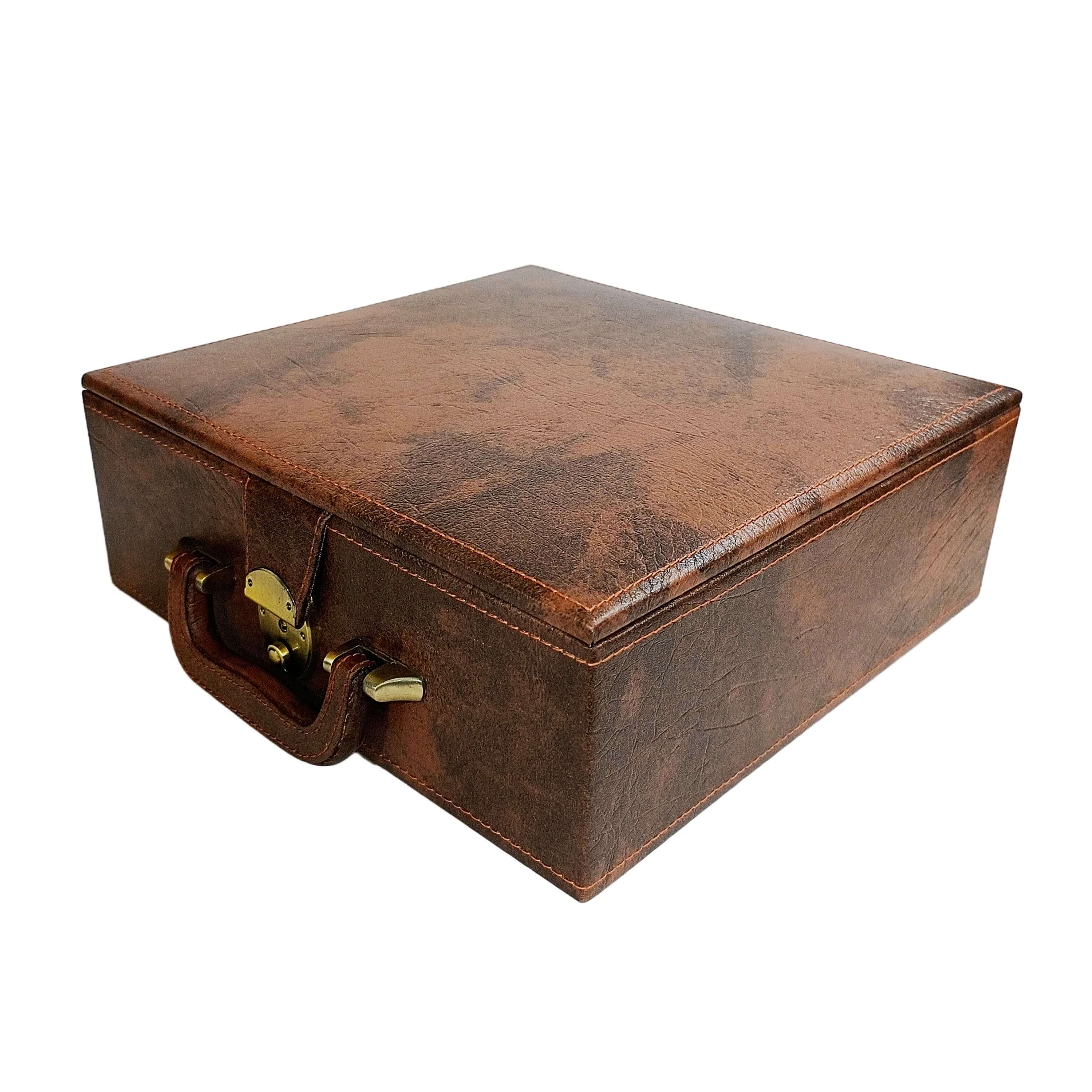 Brown leatherette chess storage box with dual tray design and handle, shown from a slight angle.