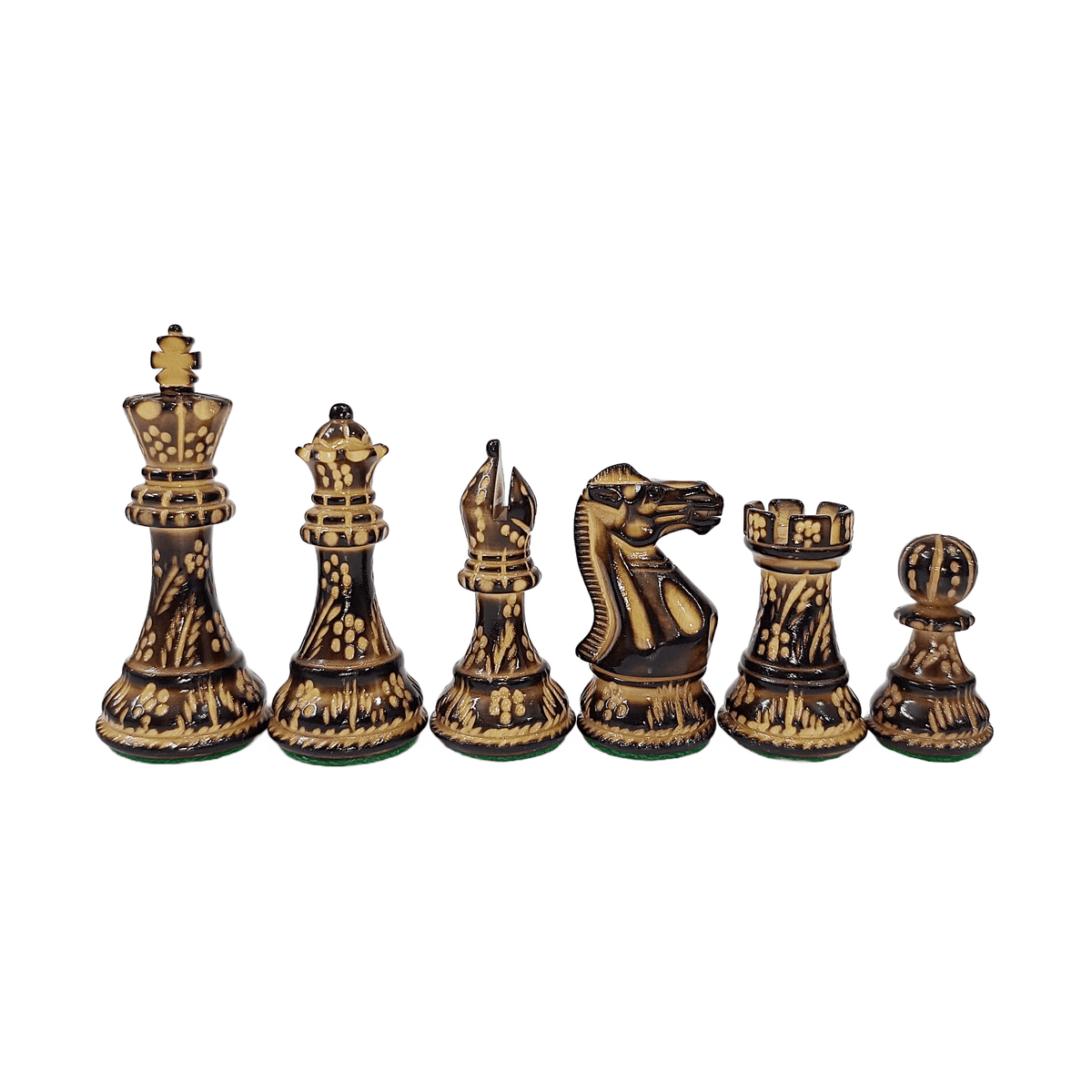 Classic Staunton burnt boxwood chess pieces, hand-carved with gold accents, featuring king, queen, and various pieces.
