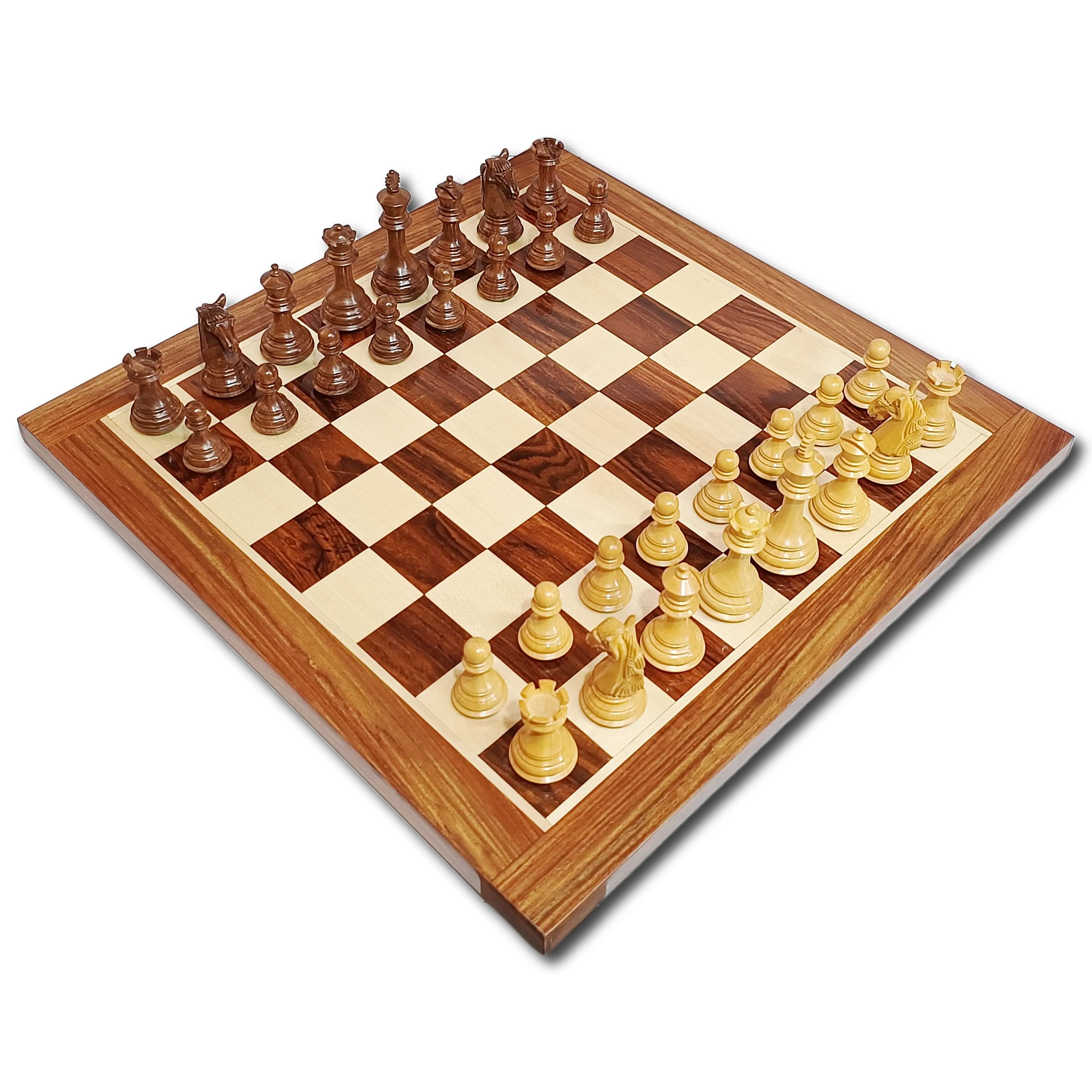 Colombian Staunton luxury chess set with boxwood and golden rosewood pieces on a golden rosewood and maplewood board.