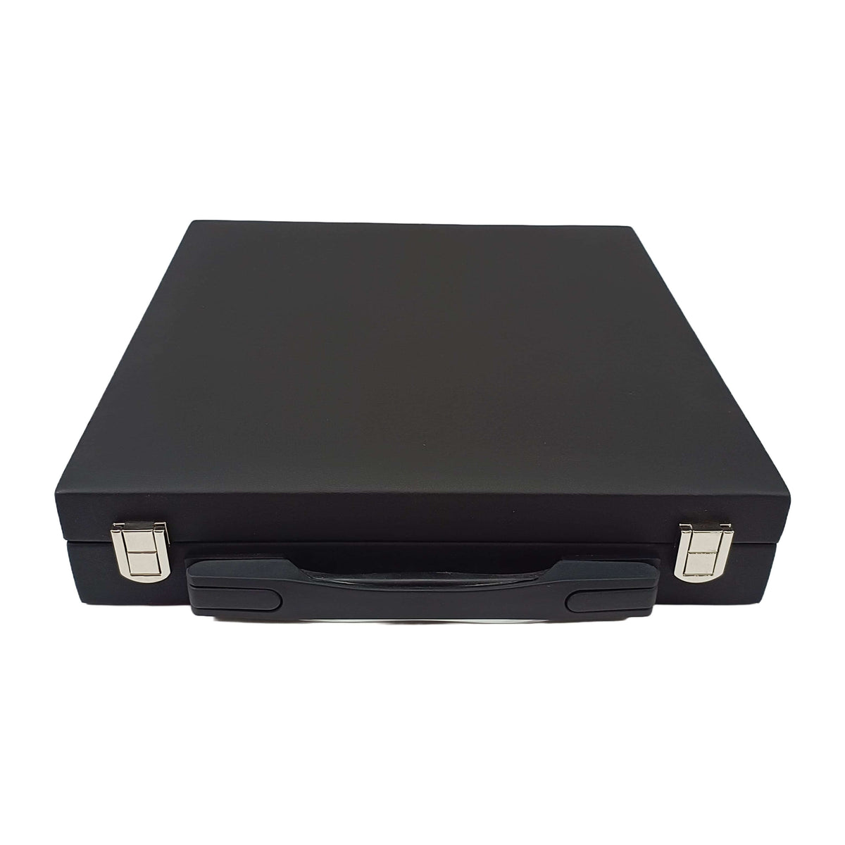 Black leatherette chess set case with handle and metal clasps, designed for durability and protection.