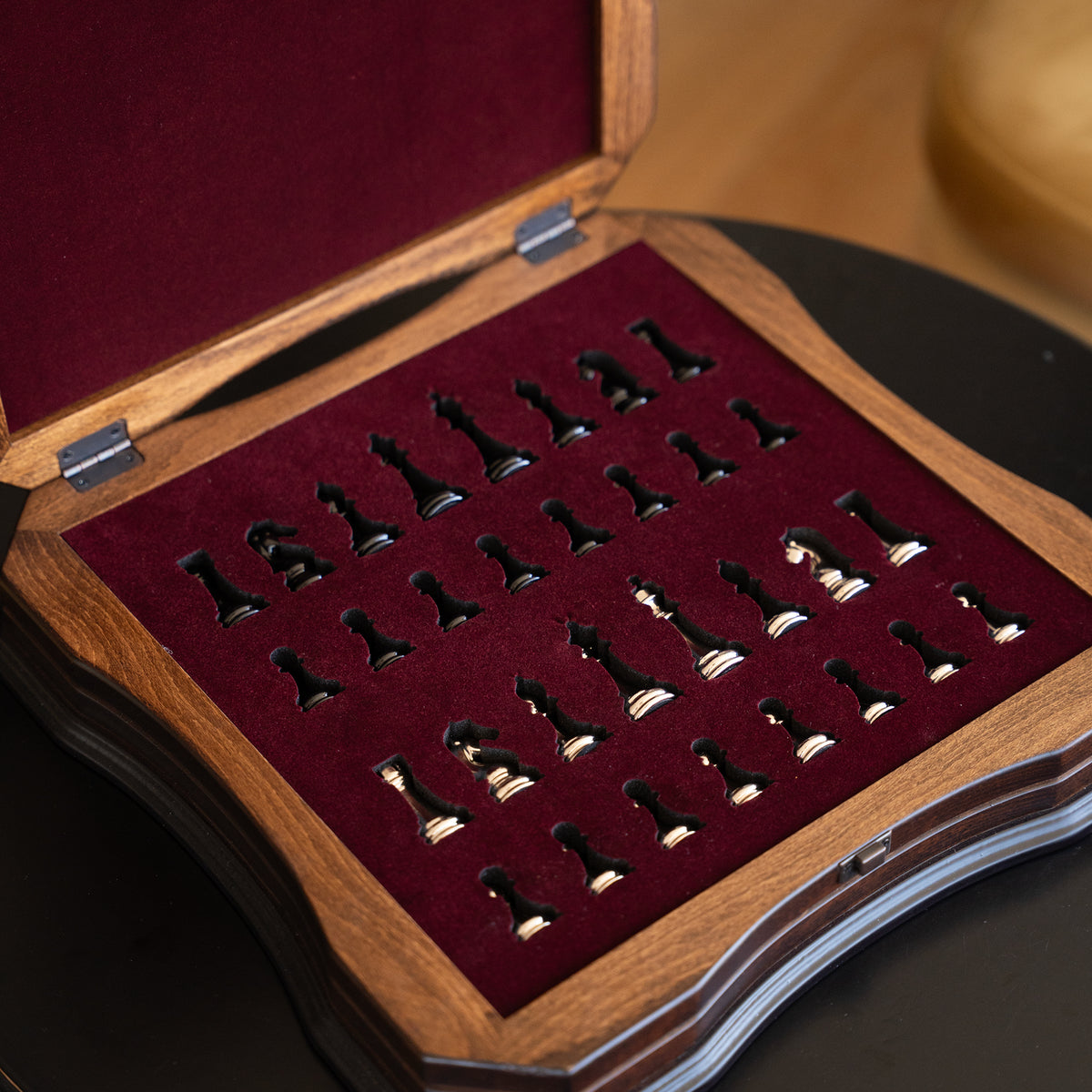 Walnut & Rosewood Inlaid Chess Set with Metal Pieces