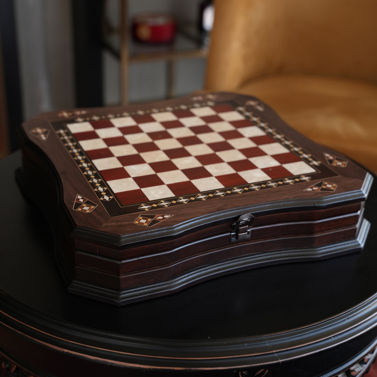 Walnut & Rosewood Inlaid Chess Set with Metal Pieces