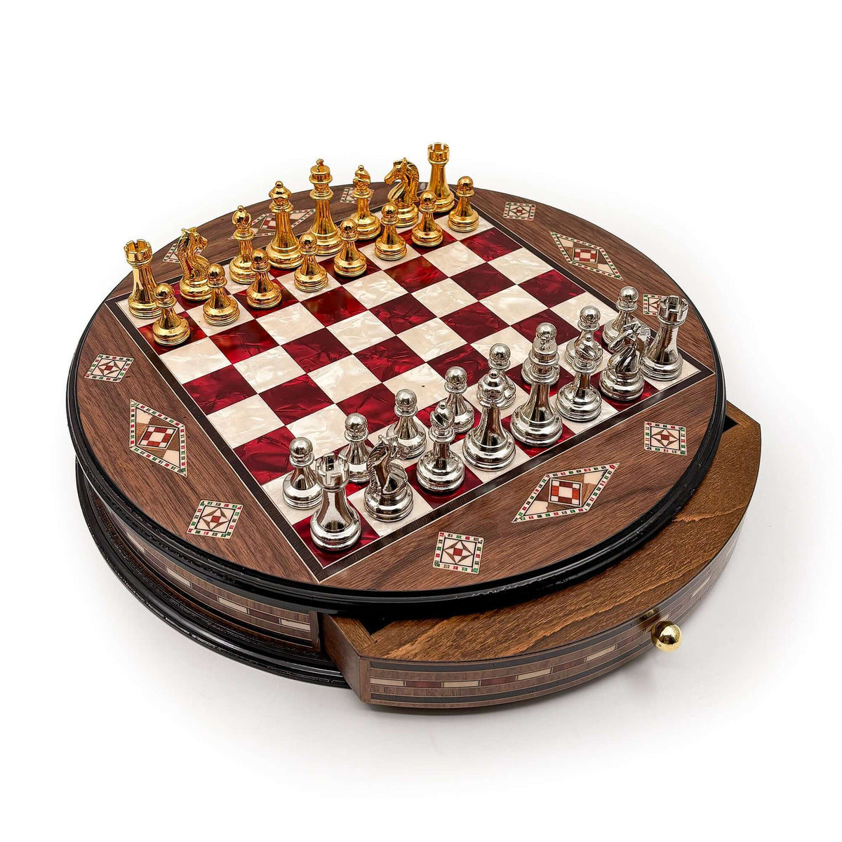 Luxury Round Rosewood & Walnut Chess Set With Metal Pieces My Chess Sets
