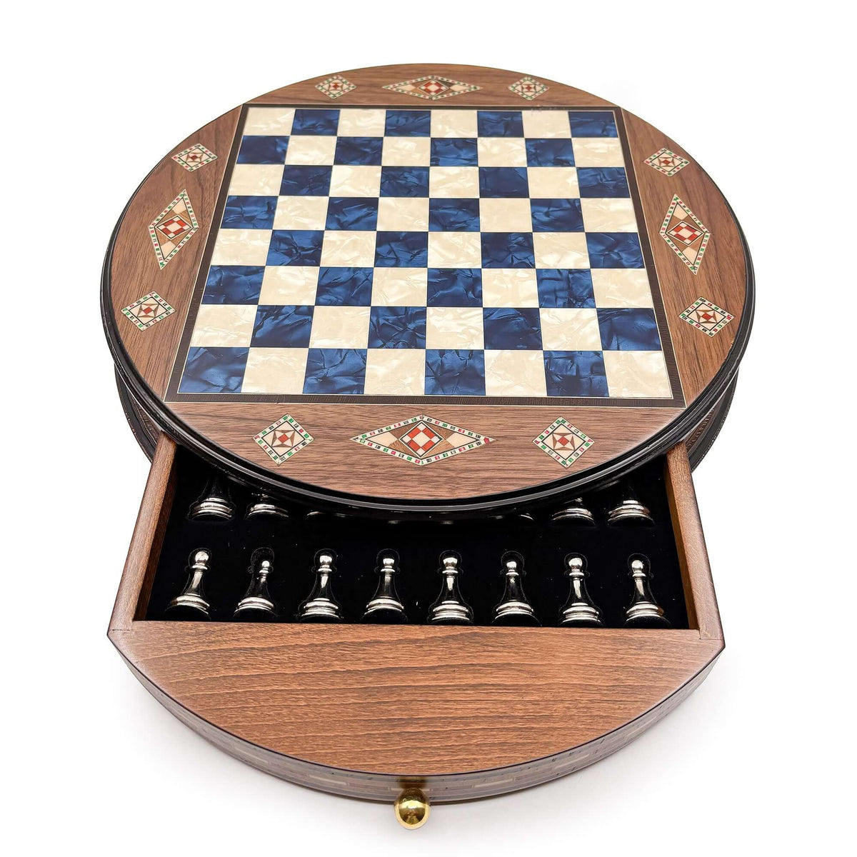 Luxury Round Rosewood & Walnut Chess Set With Metal Pieces My Chess Sets