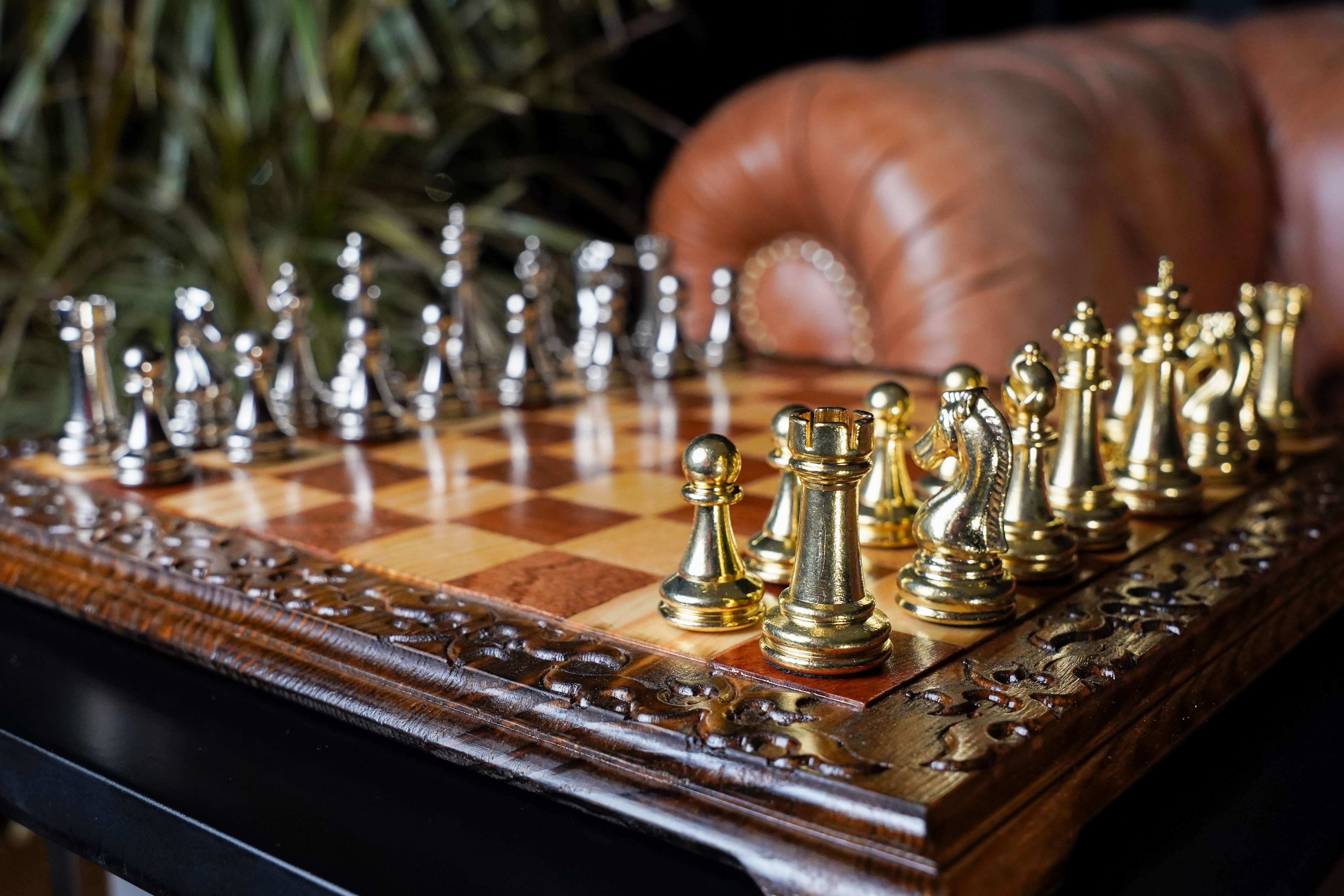 Hand Carved Walnut Luxury Chess Set with Classic Metal Chess Pieces - My Chess Sets