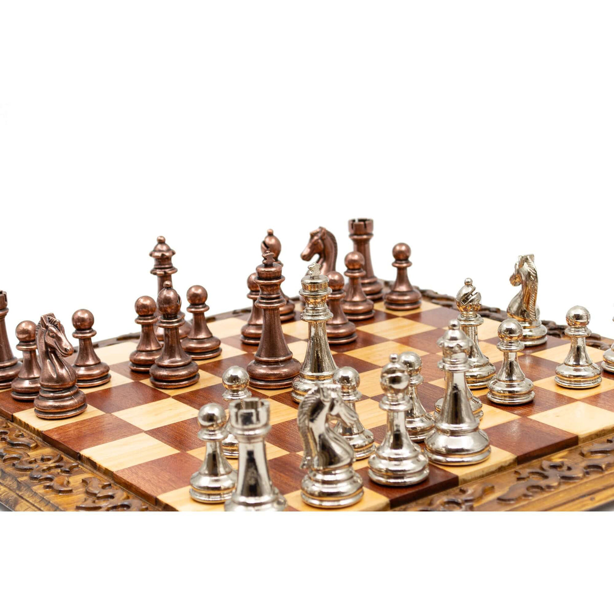 Hand Carved Walnut Luxury Chess Set with Classic Metal Chess Pieces - My Chess Sets