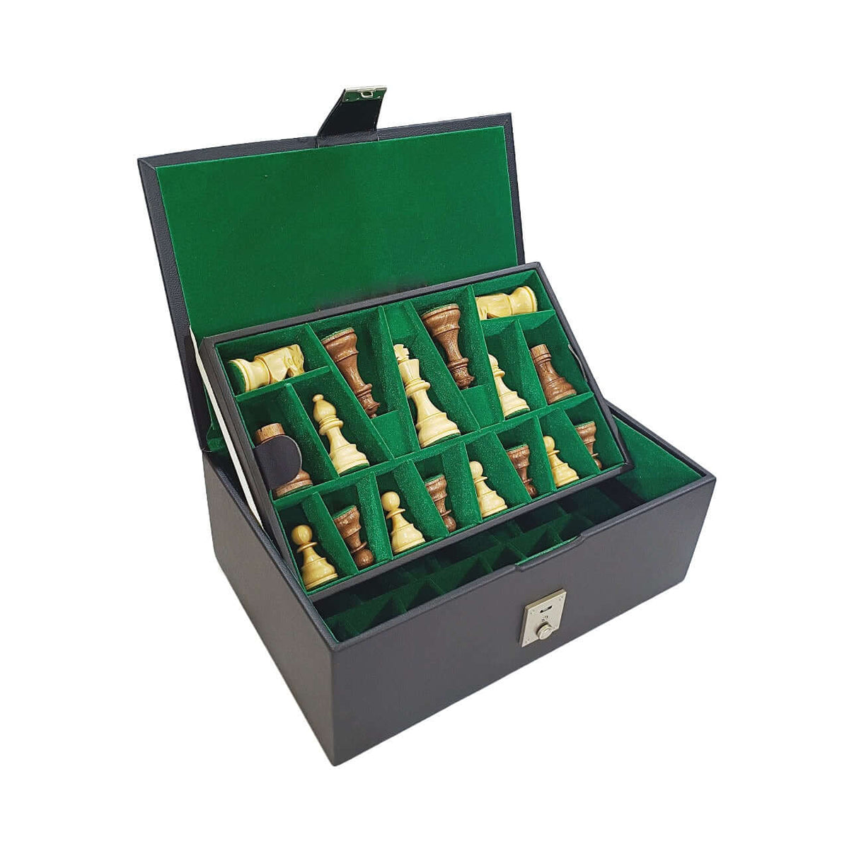 Leatherette chess storage box with green interior, showcasing chess pieces organized in dual trays.